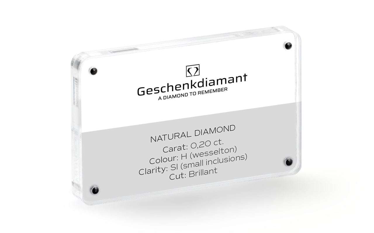 Label for a natural diamond: 0.20 ct, color H (Wesselton), SI clarity, brilliant cut, Geschenkdiamant brand.