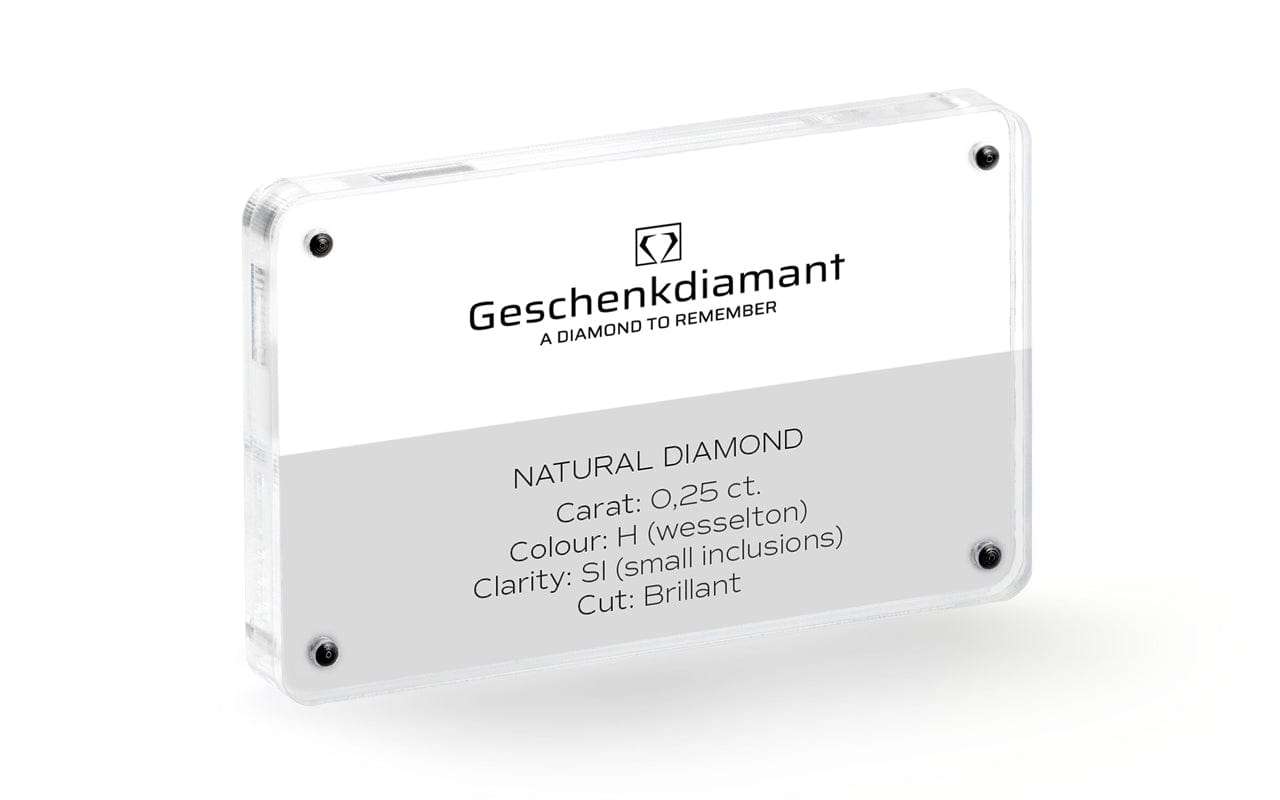 Clear acrylic display with a label: Geschenkdiamant natural diamond, 0.25 ct, color H, clarity SI, cut Brilliant.