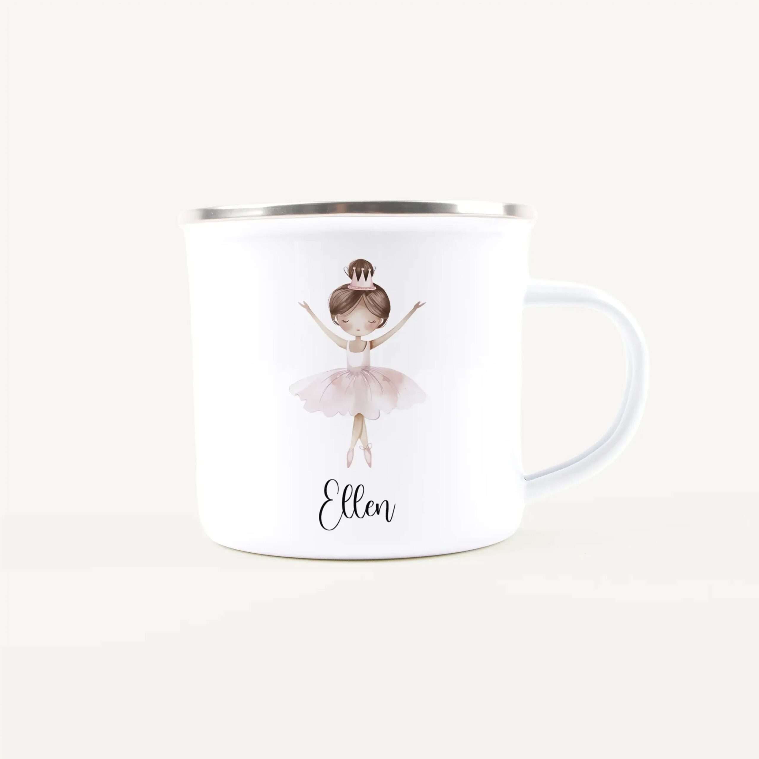 White ceramic mug with a ballerina illustration and the name Ellen in cursive on the front.