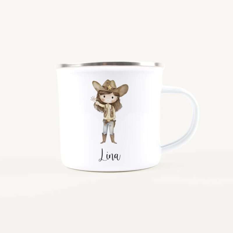 White ceramic mug featuring a cute girl in a cowgirl outfit and the name Lina in script on the front.