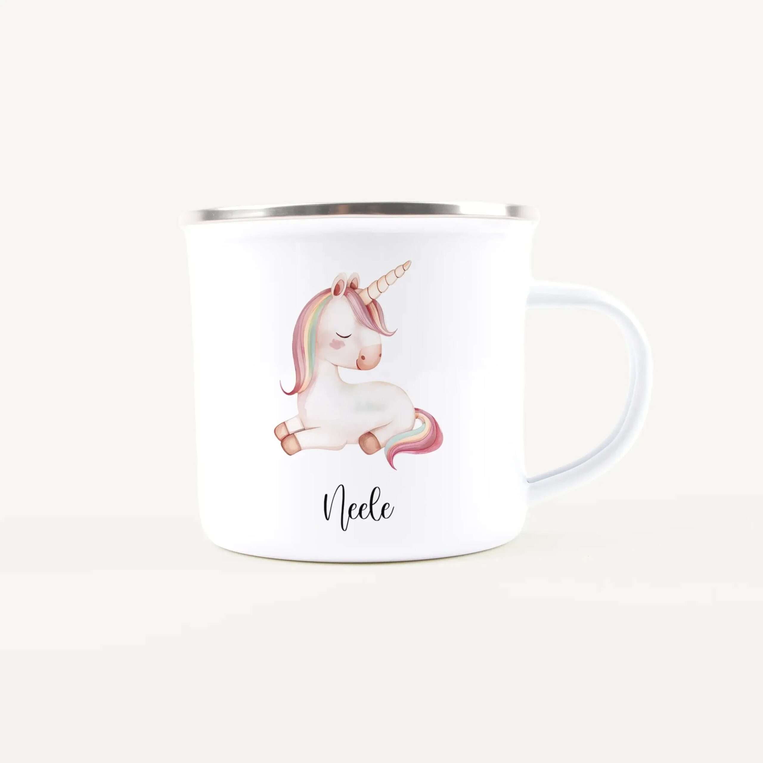 White ceramic mug with a pastel unicorn illustration and the word 'Neele' printed on it, shown from the side.