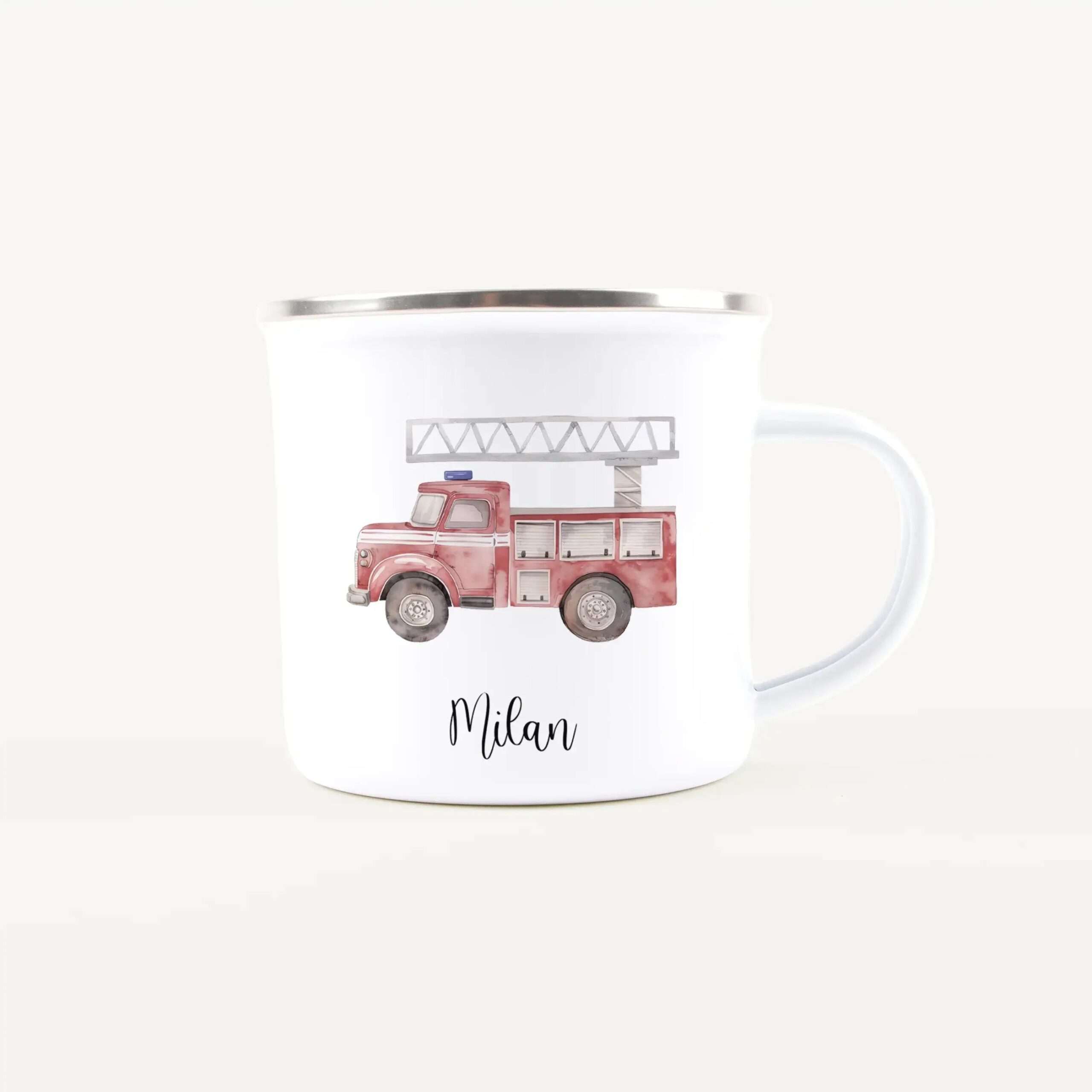 White mug featuring a red fire truck illustration and the name 'Milan' printed on the front.