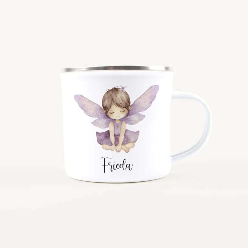 White ceramic mug showing a pastel illustration of a small fairy girl with purple wings.