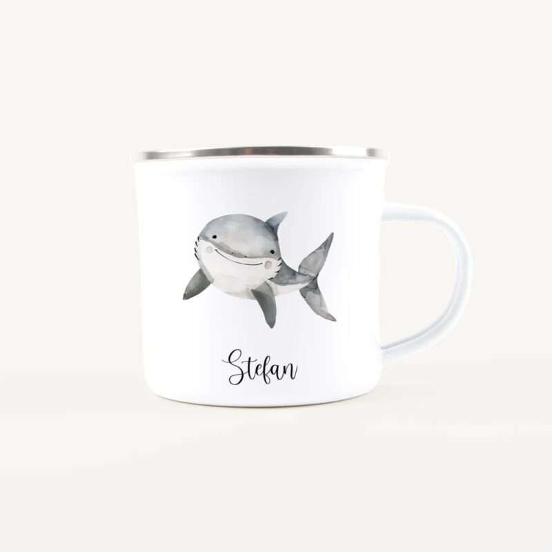Bild von   emaille tasse haijpg | Individuelle 🎁 persönliche 🎁 personalisierte Geschenke bedruckt ▪ bestickt ▪ graviert