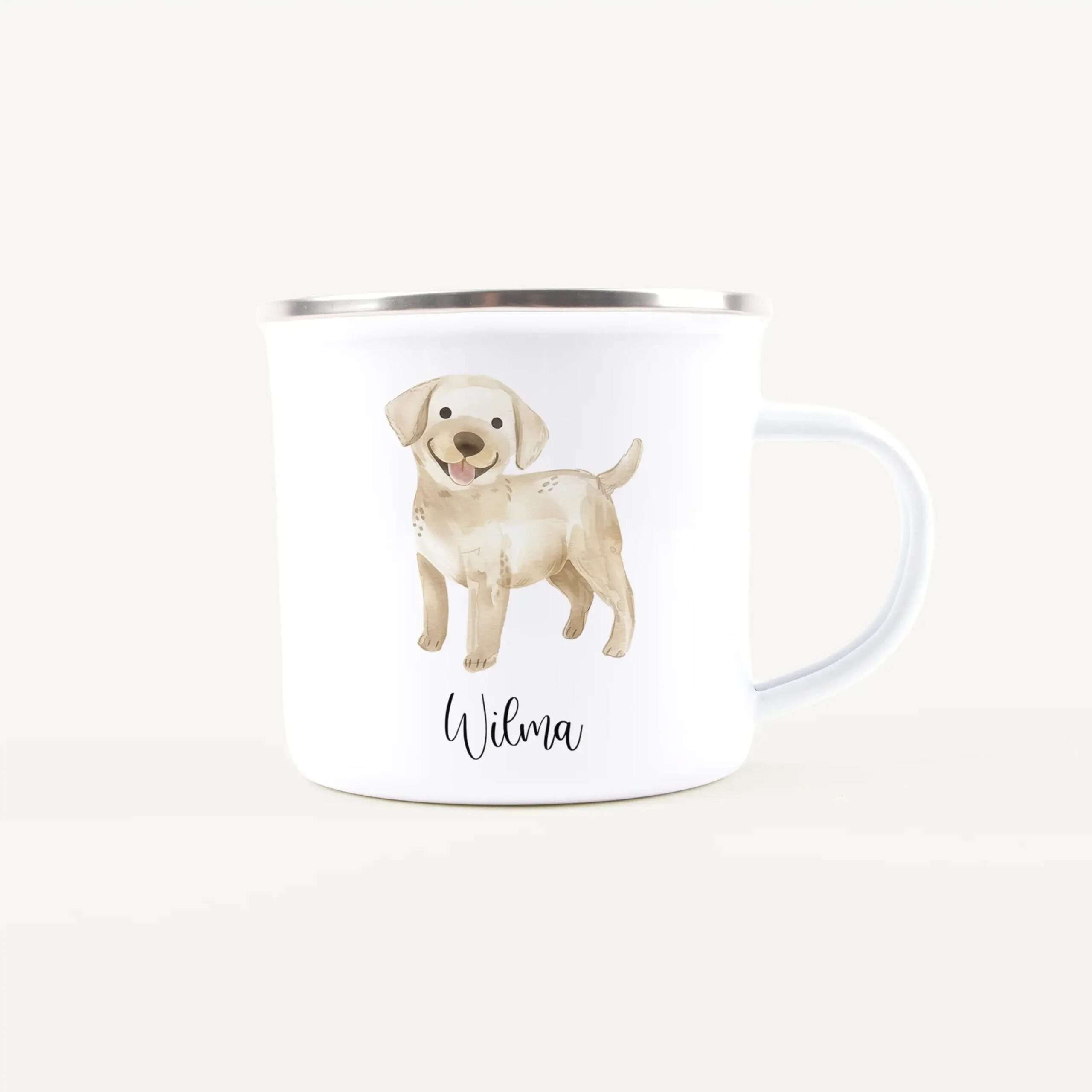 White ceramic mug featuring a watercolor-style illustration of a friendly dog and the name Wilma on the front.