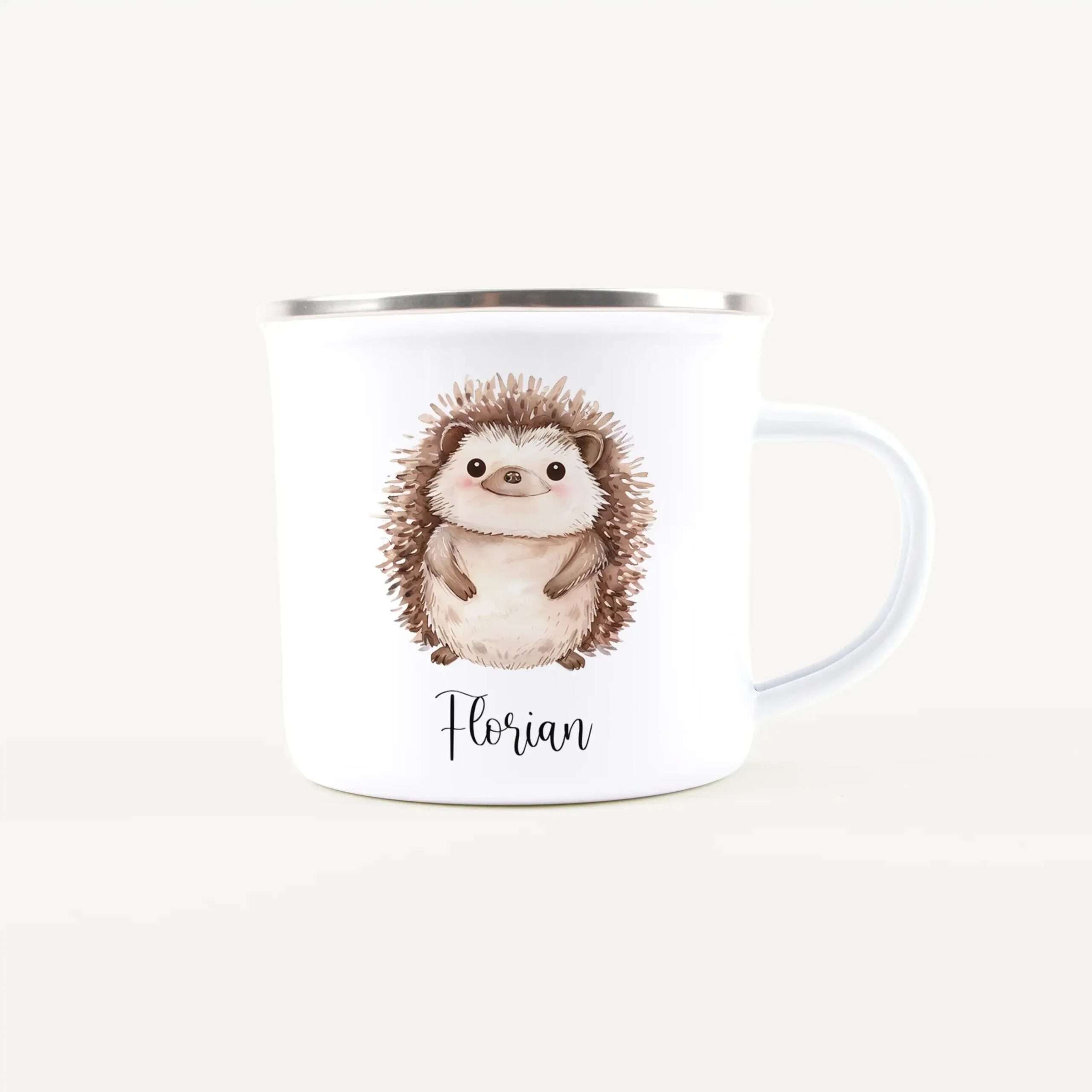 White mug featuring a cute hedgehog illustration and the name Florian written in script
