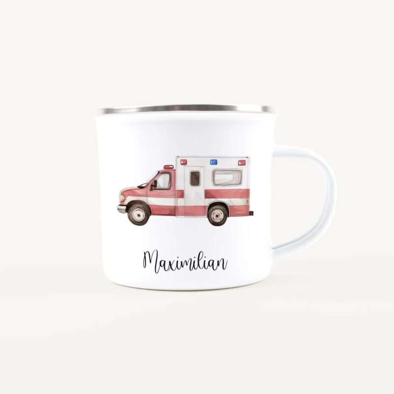 White mug featuring a red ambulance illustration and the name Maximilian in script lettering on the front