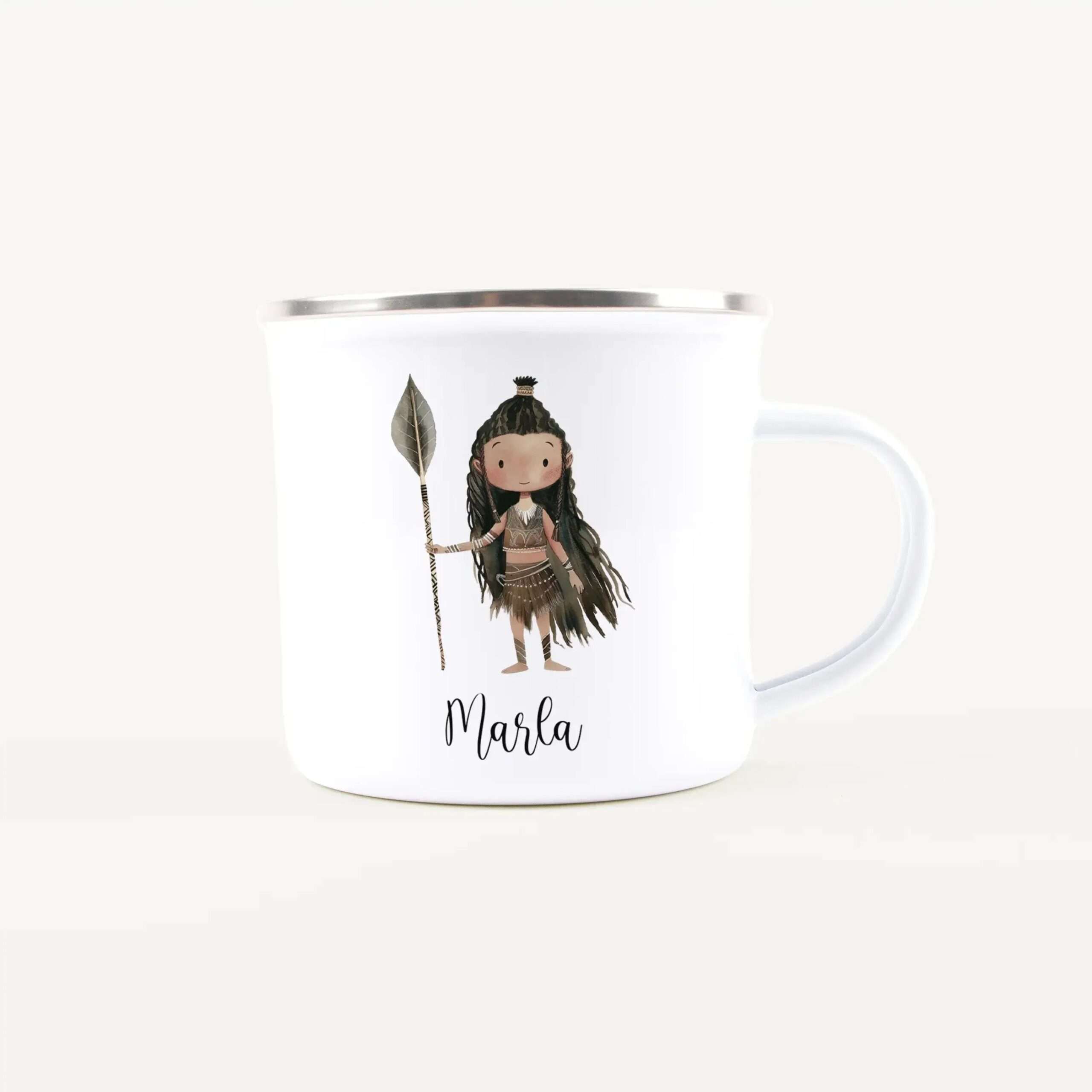 White ceramic mug featuring a cartoon girl with braids, a spear, and leaves, with the name 'Marla' in script on the front.