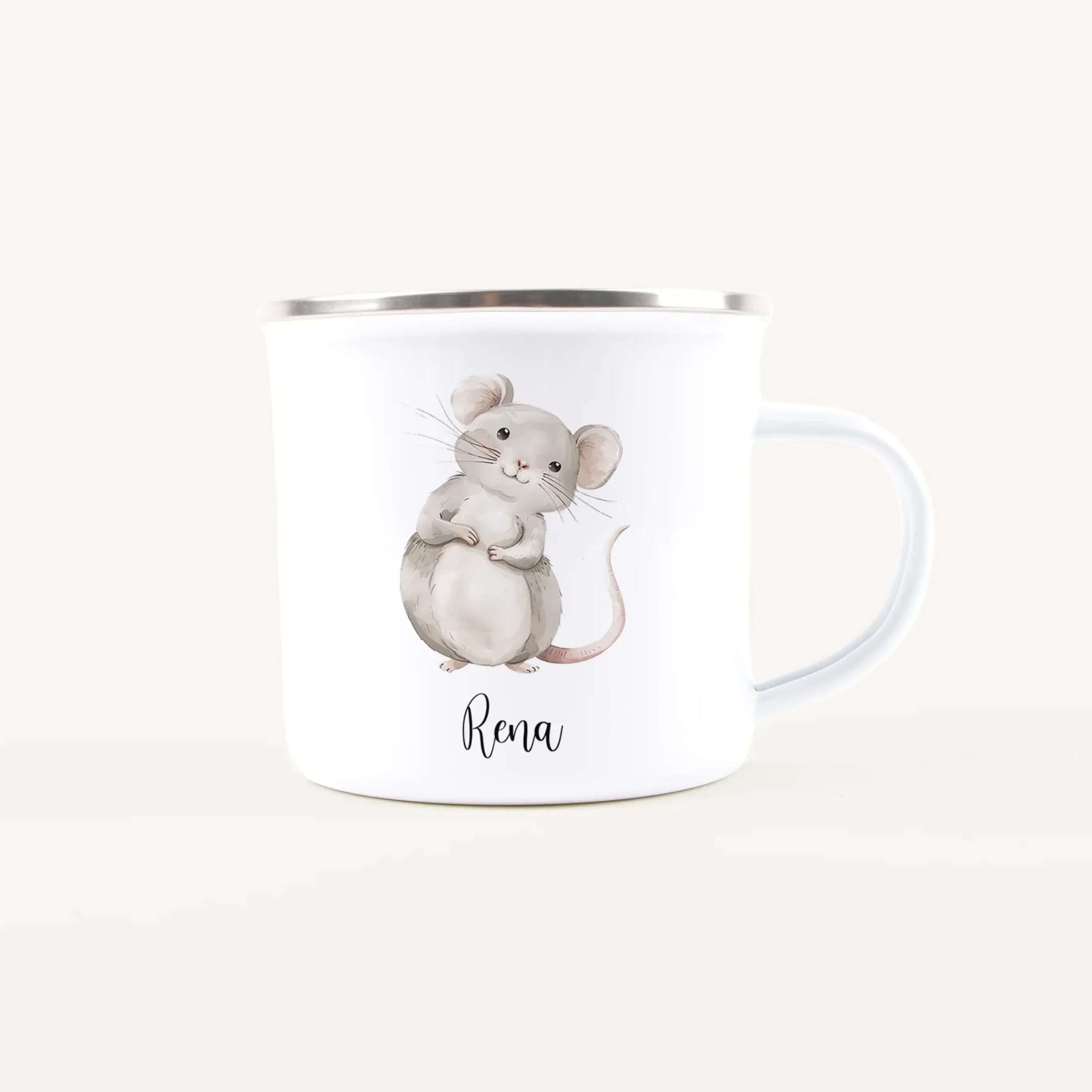 White mug with a silver rim featuring a cute mouse illustration on the front, and part of a name visible at the bottom.