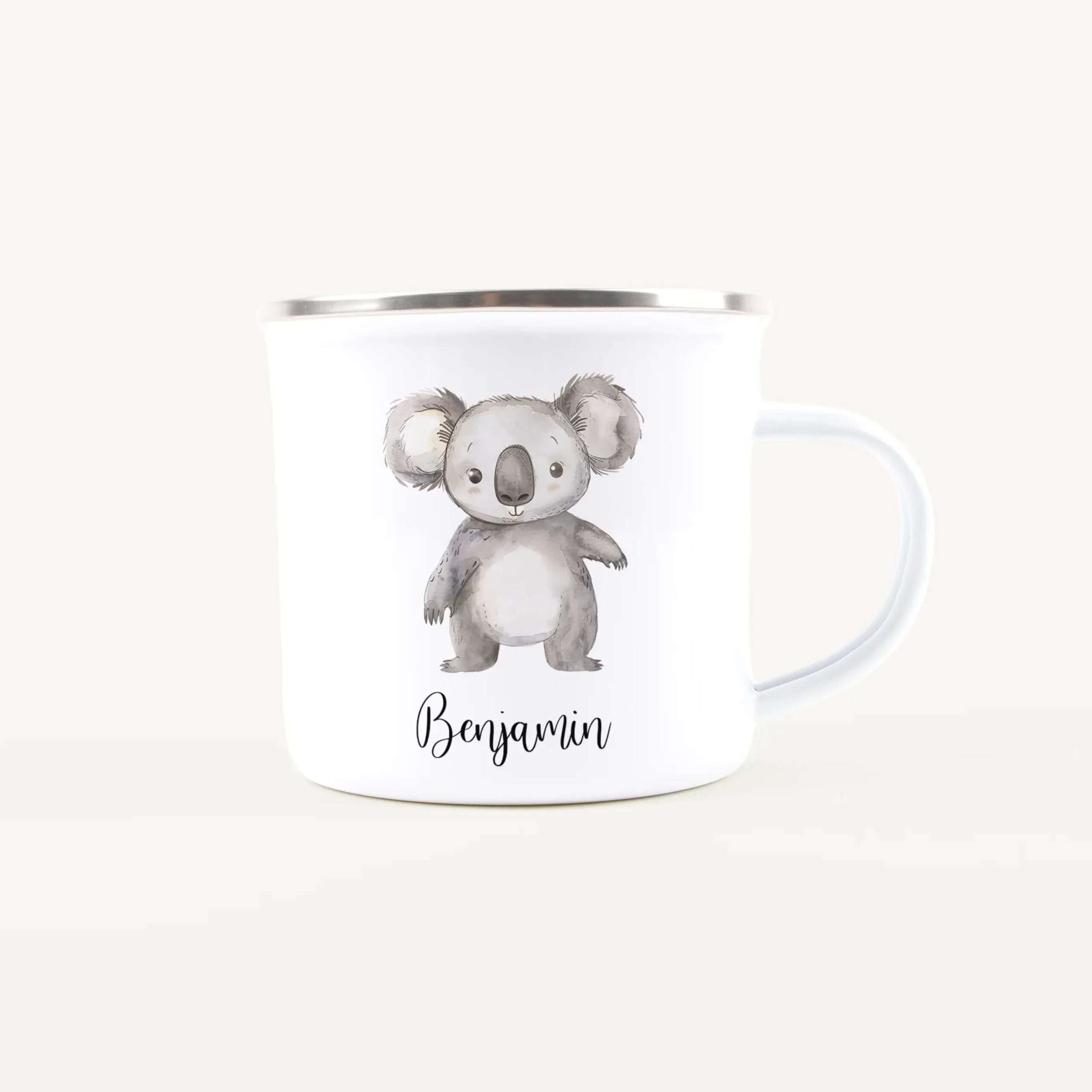 White ceramic mug featuring a watercolor koala illustration and the name Benjamin written in script.
