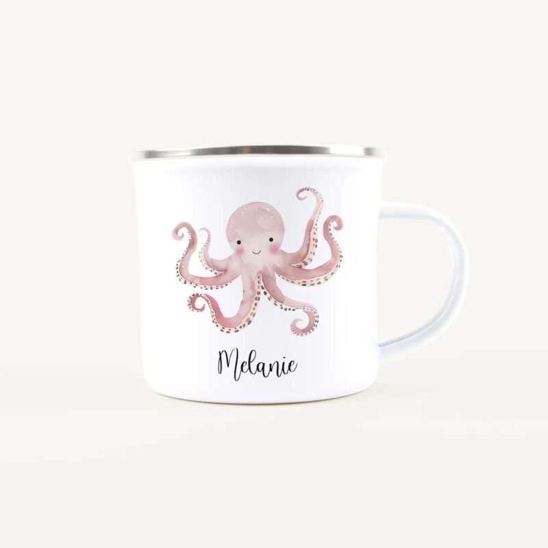 White mug with pink octopus illustration and the name Melanie printed below, shown against a light background.