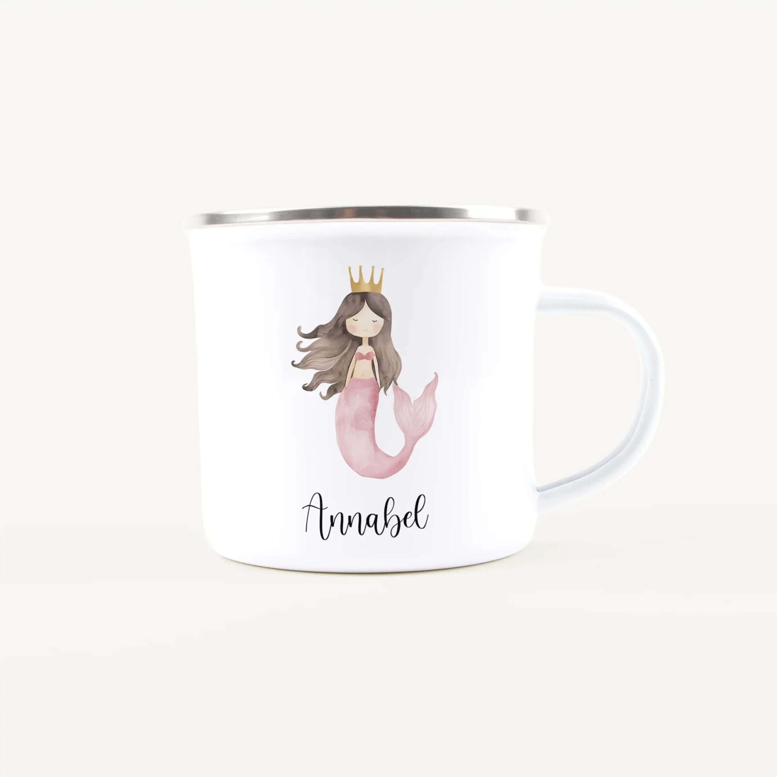 White ceramic mug with a gold rim featuring a whimsical illustration of a mermaid princess and the name 'Angel' in script.
