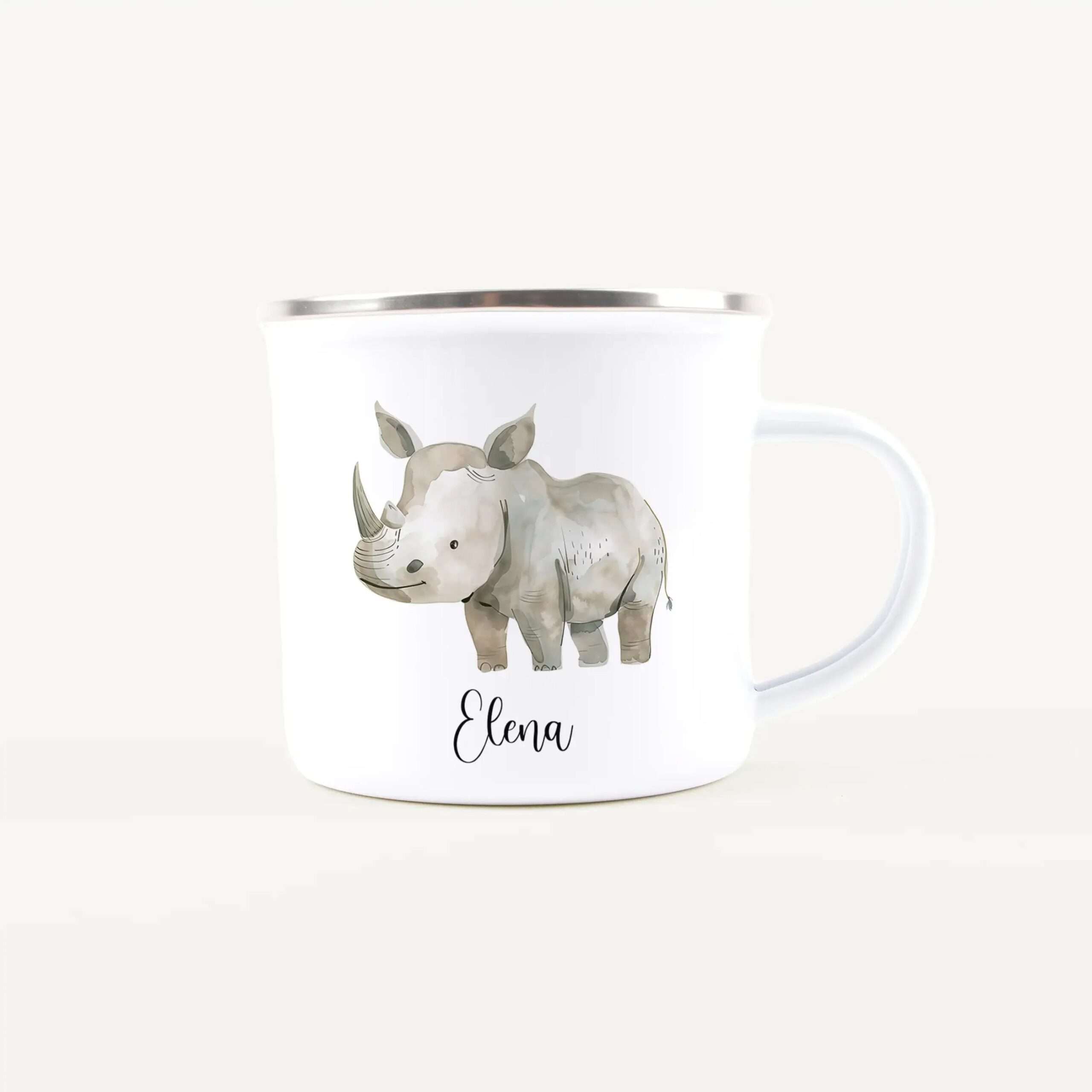 White ceramic mug featuring a watercolor rhinoceros and the name Elena.