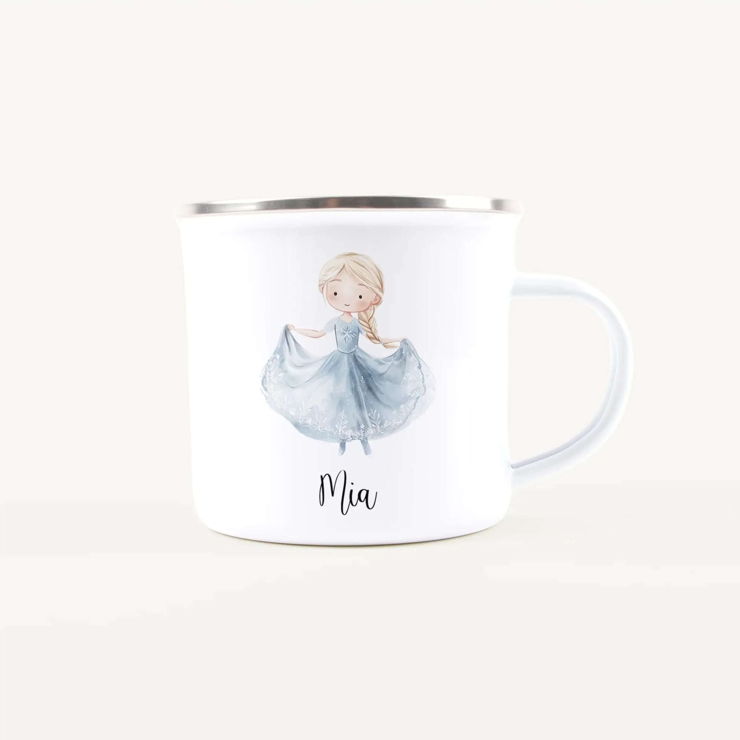 White ceramic mug with a silver rim featuring a cartoon girl in a blue dress and the name Mia visible on the lower front.