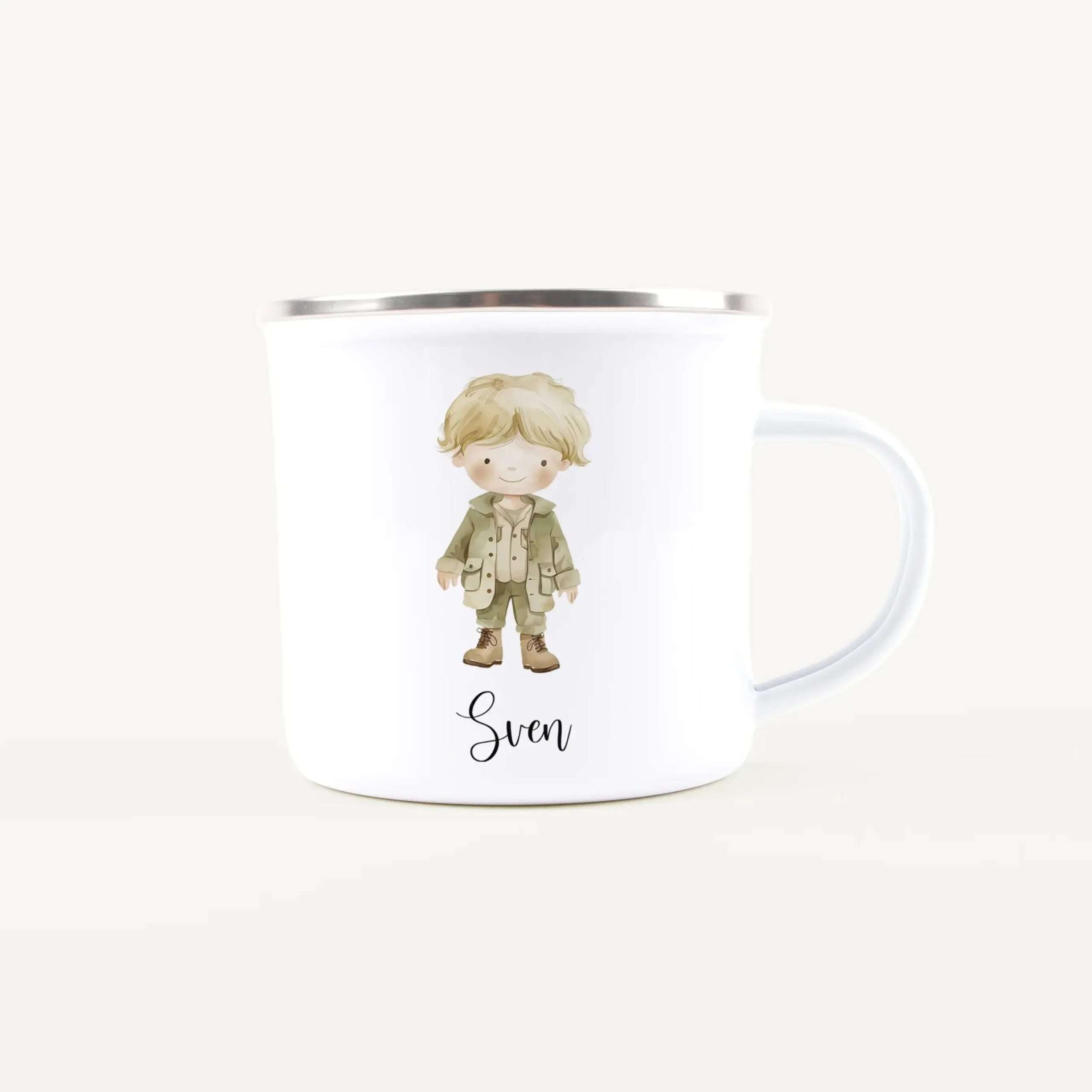 White ceramic mug with a gold rim, featuring a cartoon boy in a safari outfit on the side.