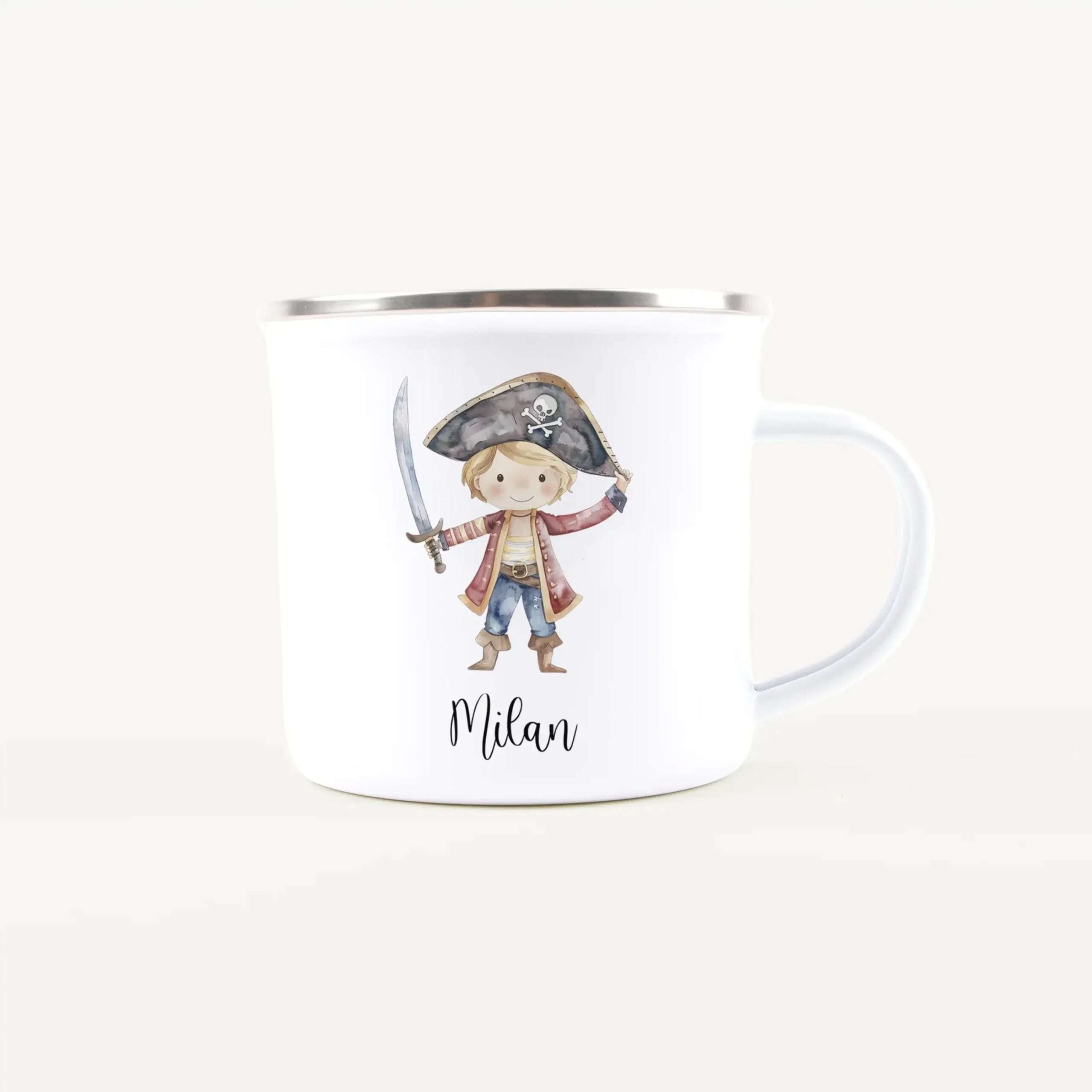 White ceramic mug with a cartoon pirate illustration and the name Milan printed on it