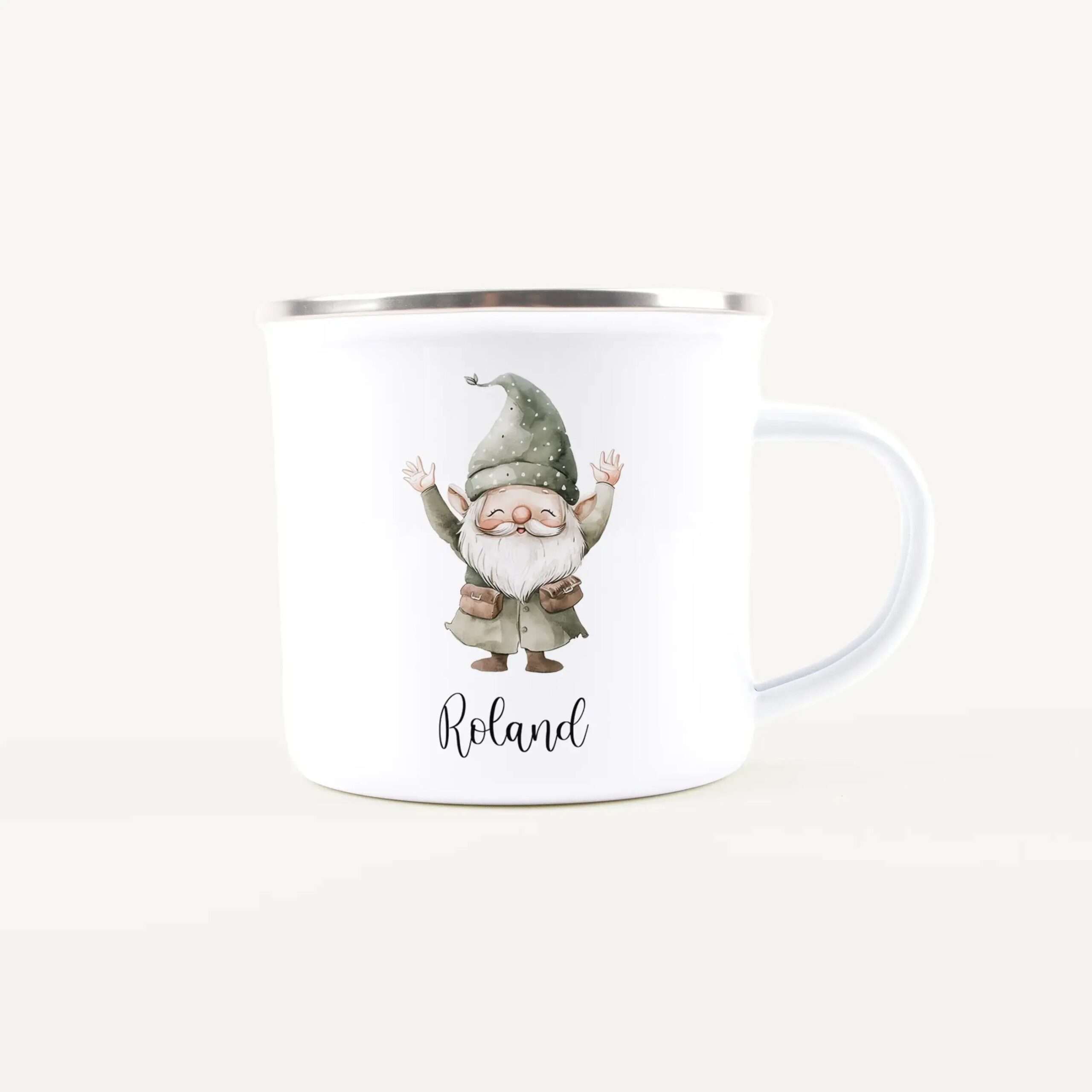 White mug with a cheerful elf illustration and the name Roland in cursive on its side.