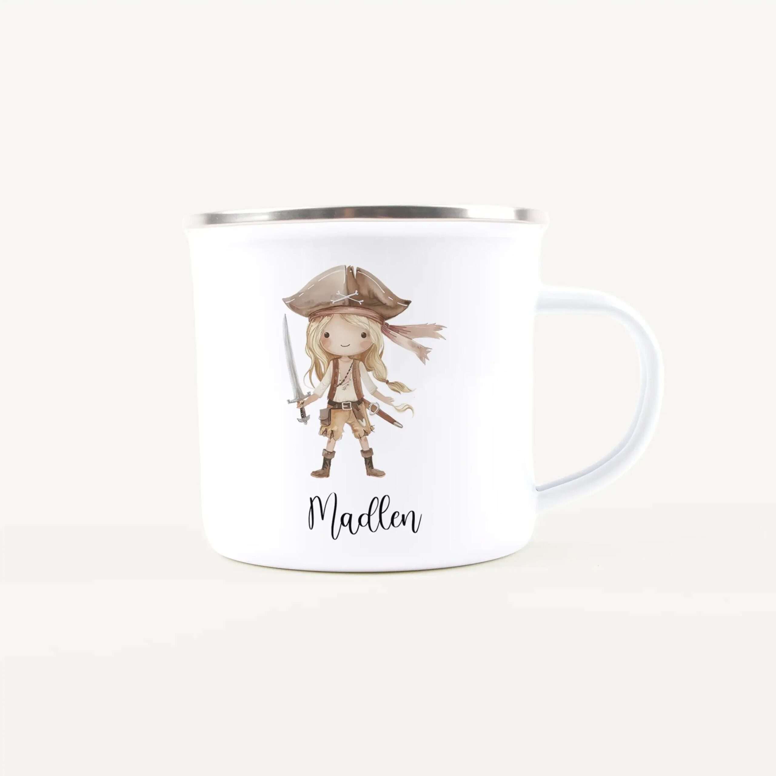 White mug with a cartoon pirate girl illustration and the name Madlen printed on it?
