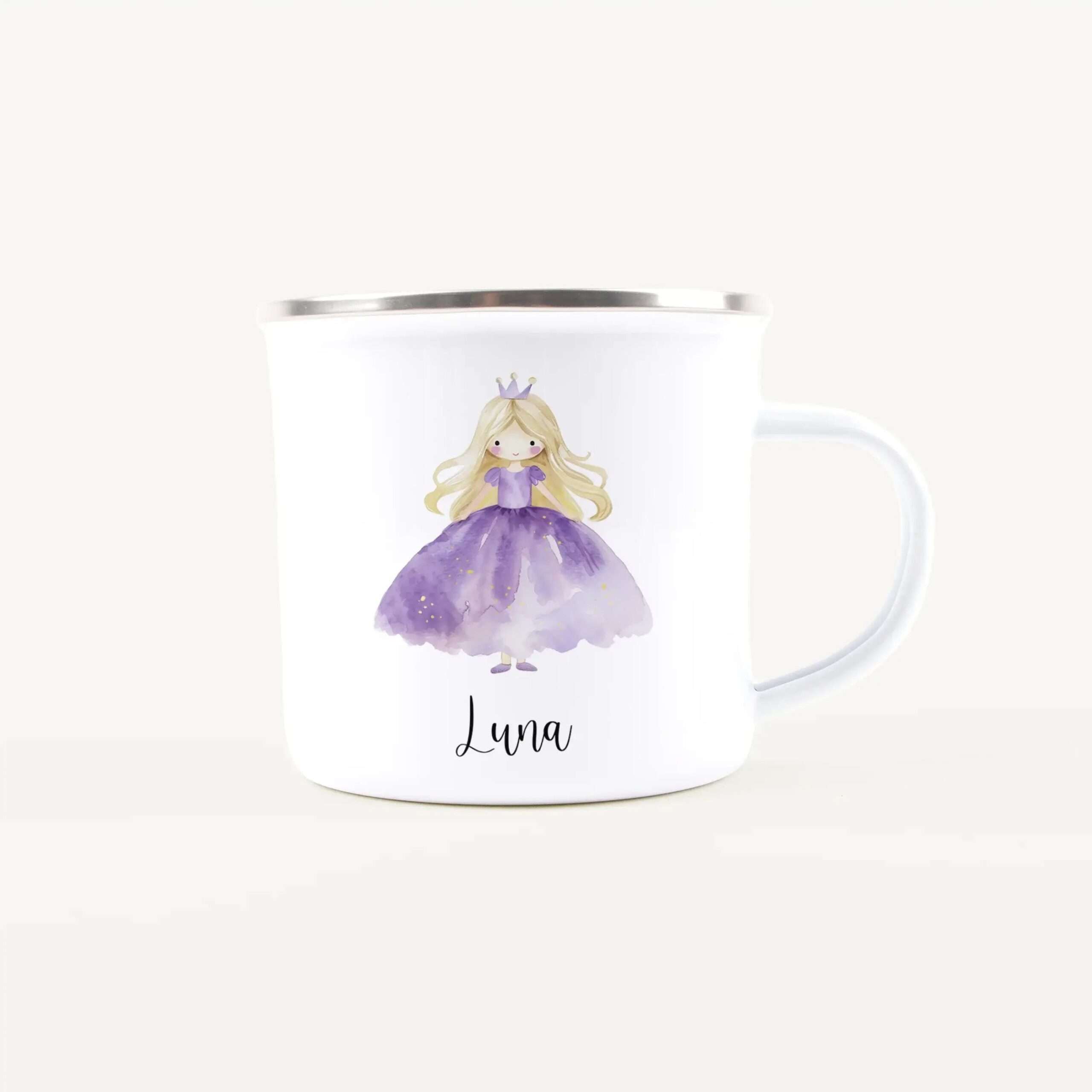 White ceramic mug with a watercolor purple princess illustration and the name 'Luna' in script on the front.