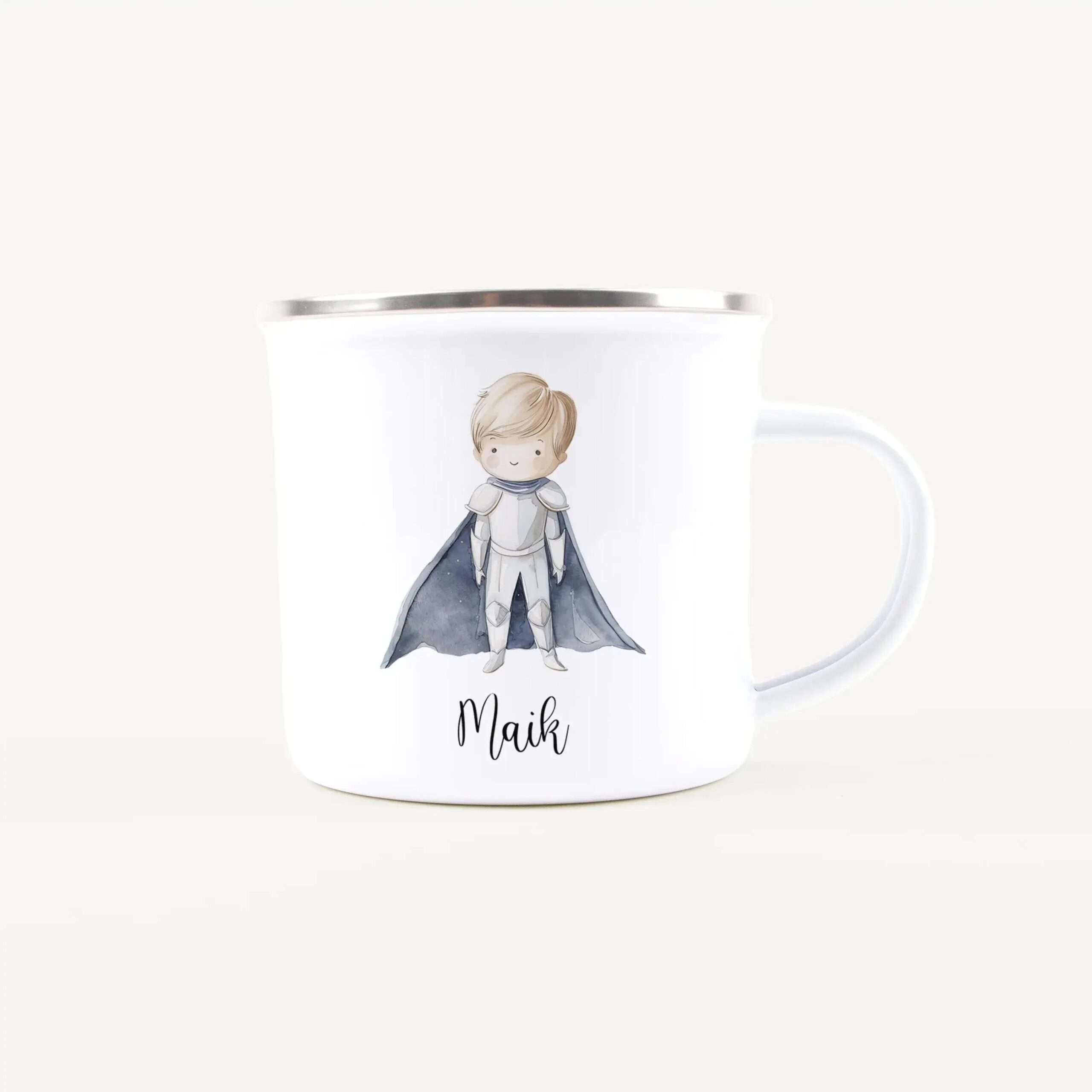 White ceramic mug featuring a cartoon prince illustration and the name 'Maik' in script.
