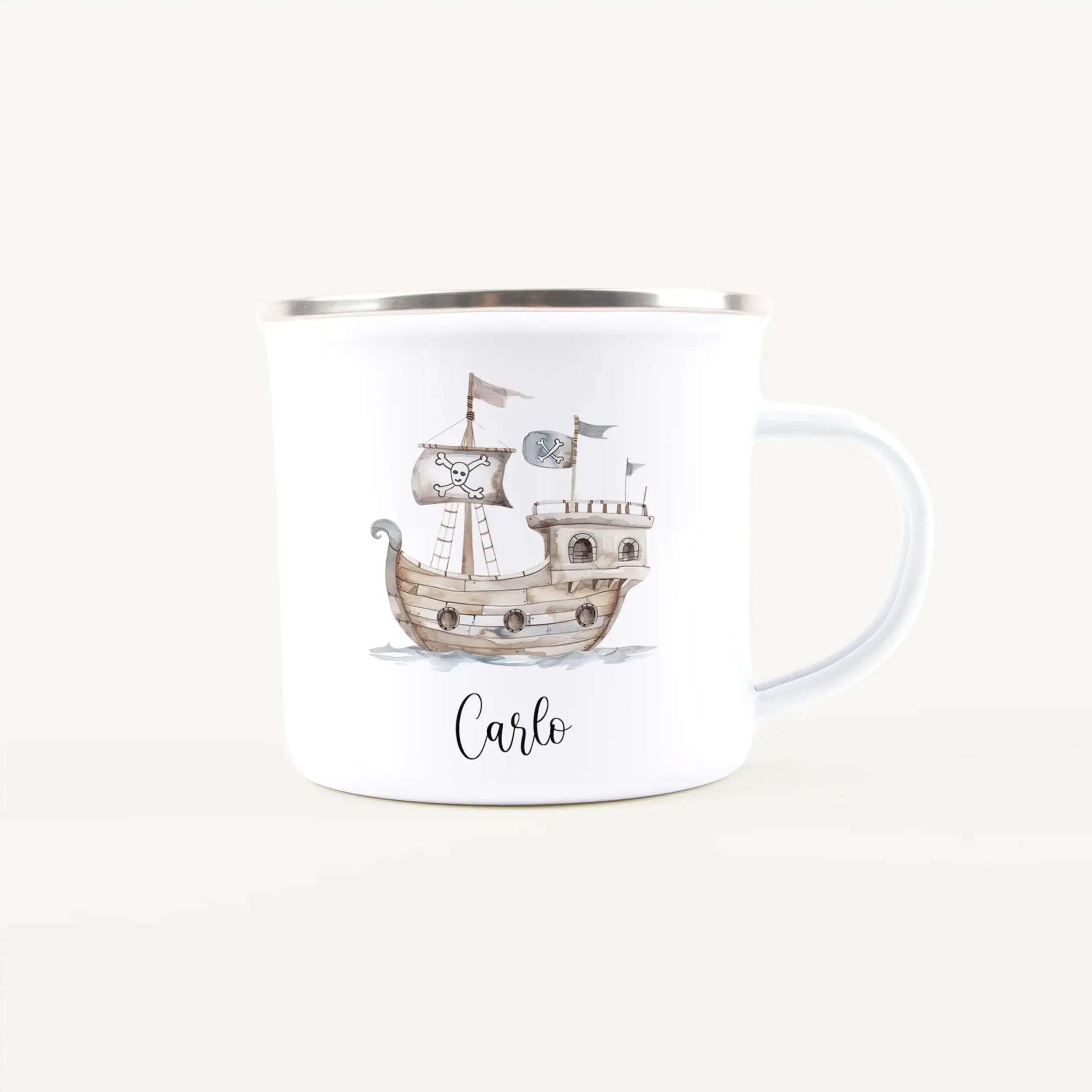 White ceramic mug featuring a watercolor pirate ship illustration and the name Carlo printed on it