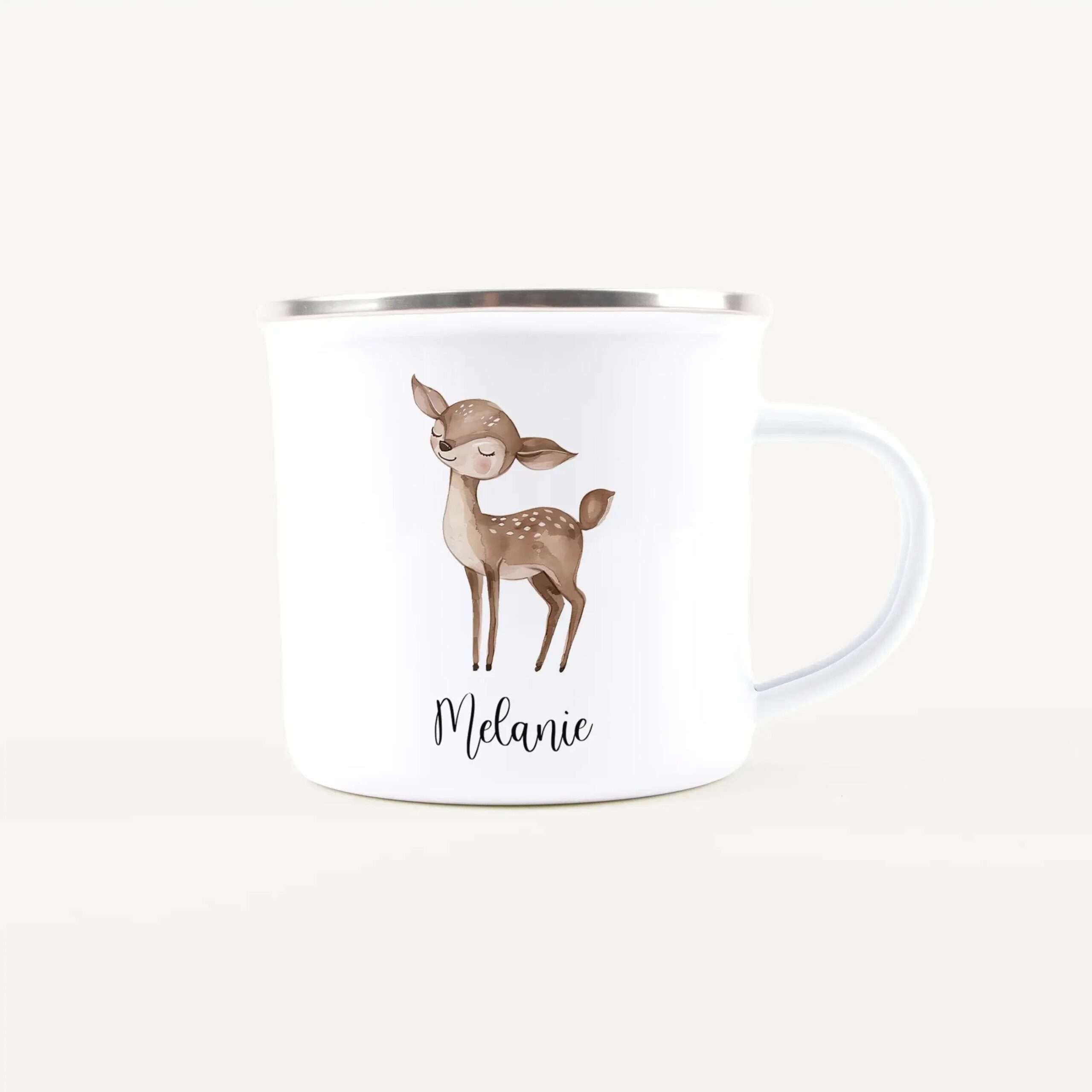White mug with a silver rim displaying a cute watercolor fawn and the name Melanie