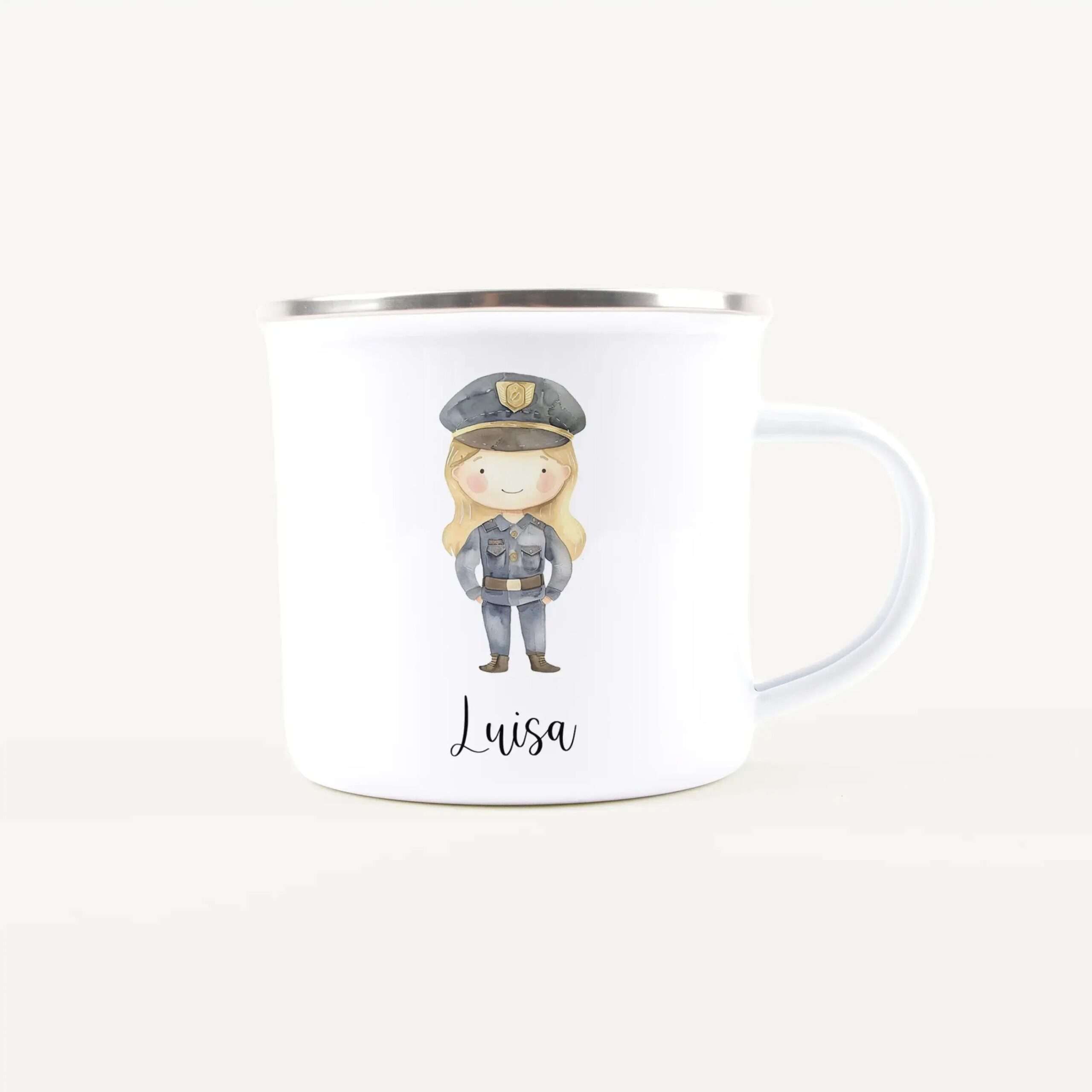 White mug featuring a cartoon girl in a police uniform with the name Luisa printed below the illustration.