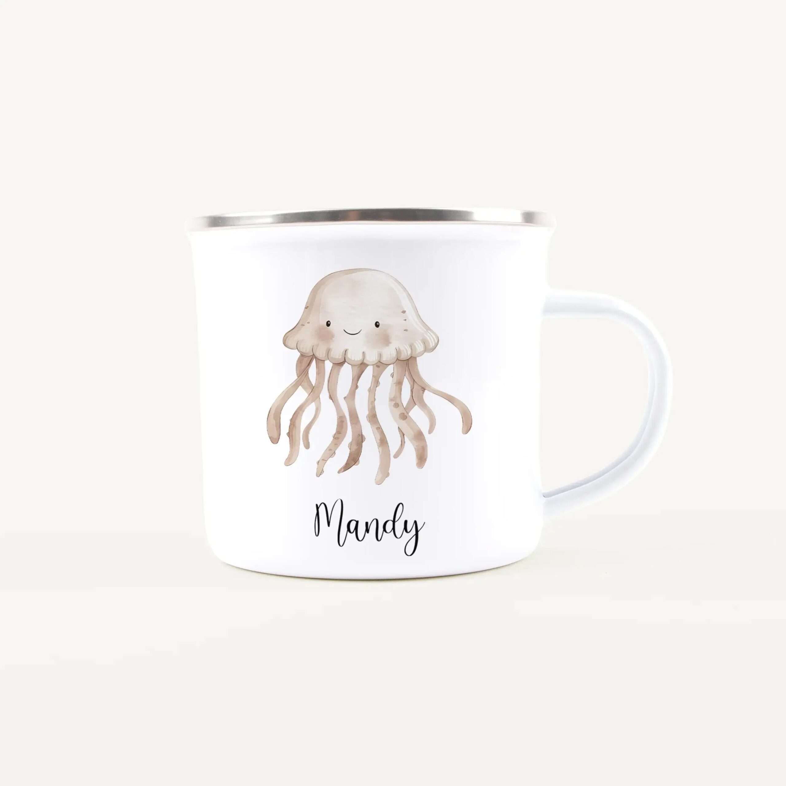 White ceramic mug with a friendly cartoon jellyfish illustration and the name Mandy on the front.