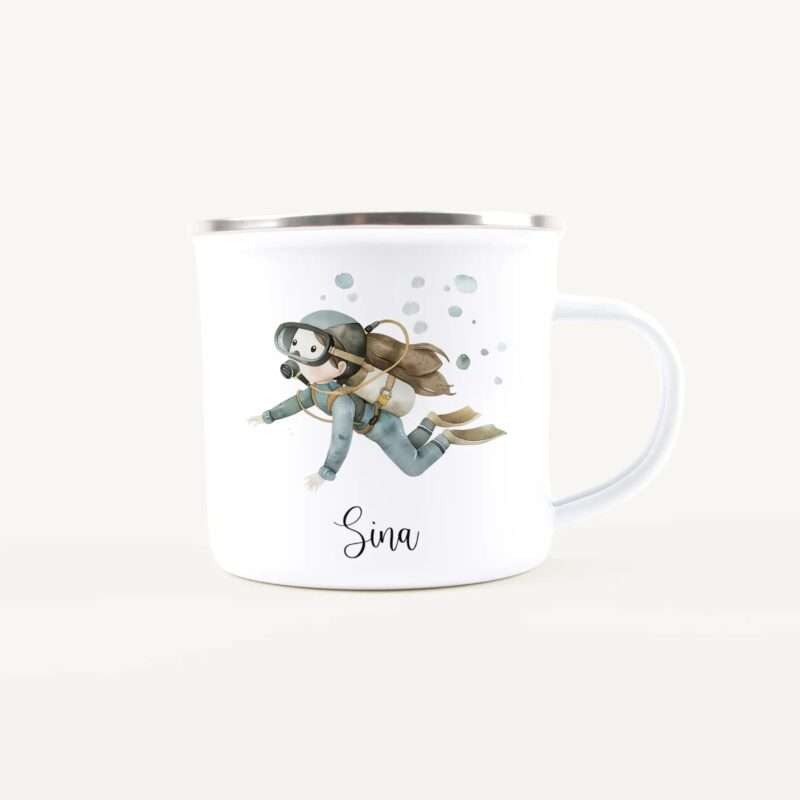 White mug with a cartoon diver wearing a gas mask and backpack, surrounded by bubbles; 'Sina' text at the bottom.