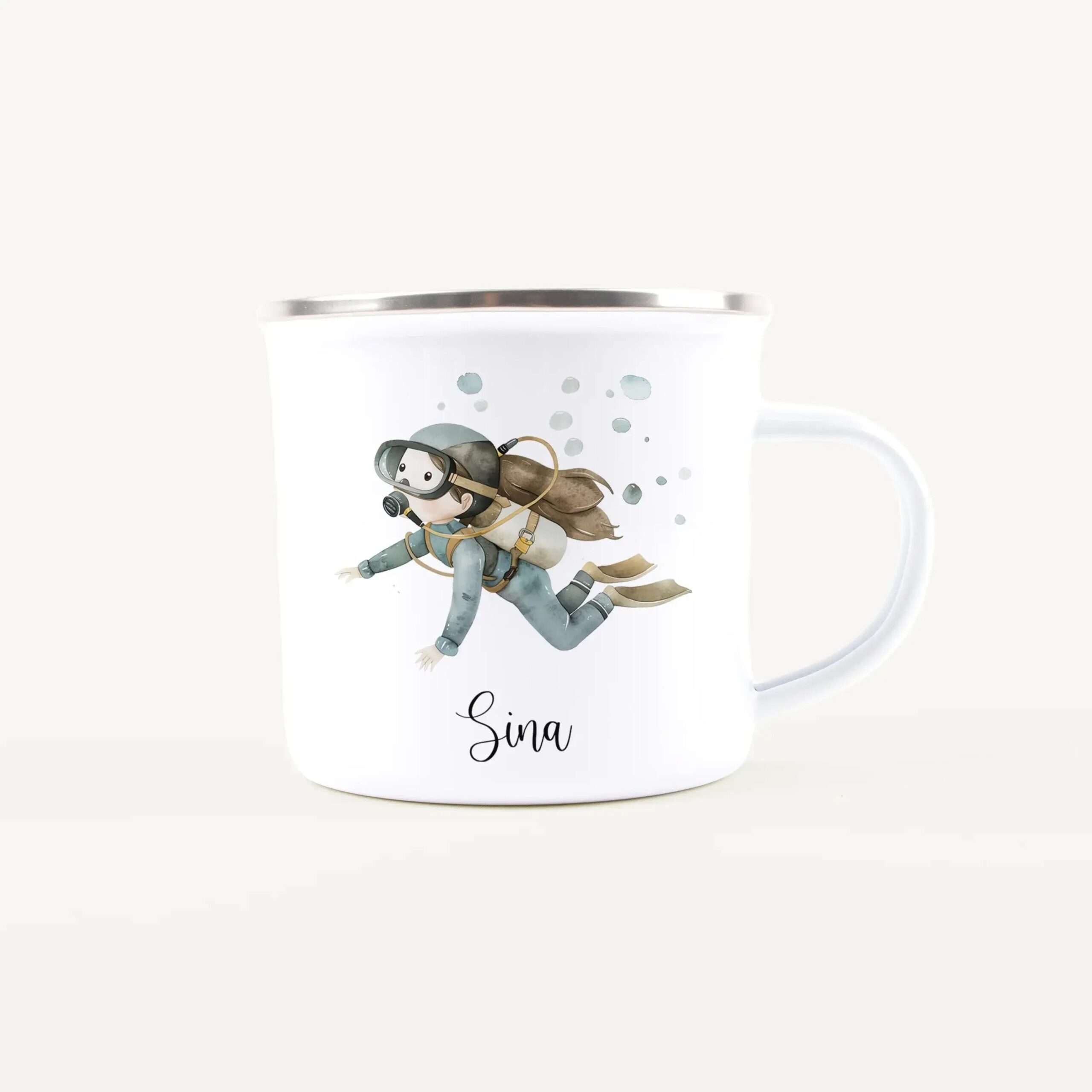 White mug with a cartoon diver wearing a gas mask and backpack, surrounded by bubbles; 'Sina' text at the bottom.