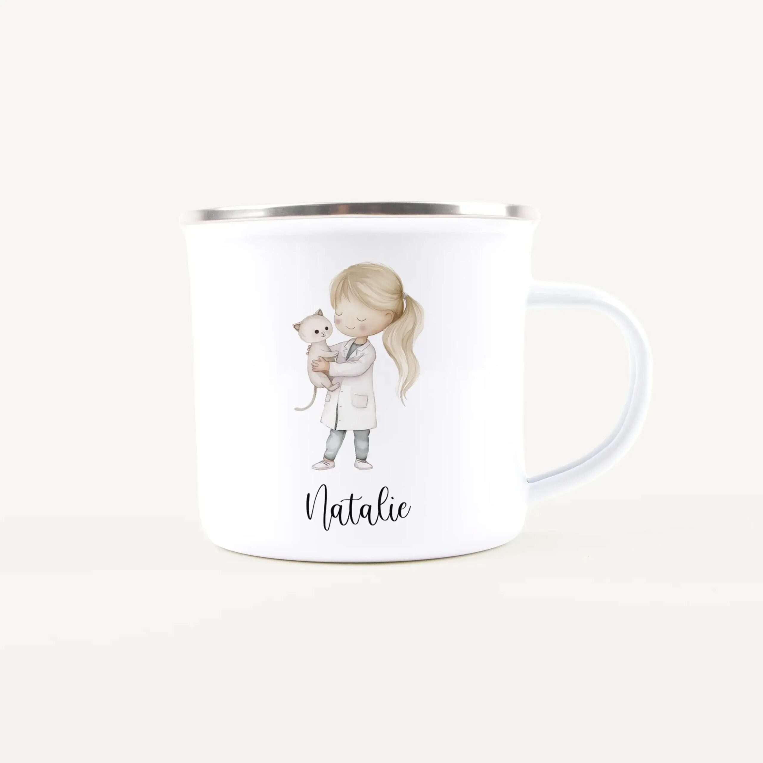 White ceramic mug with a pastel illustration of a girl cradling a cat and the name Natalie in cursive.