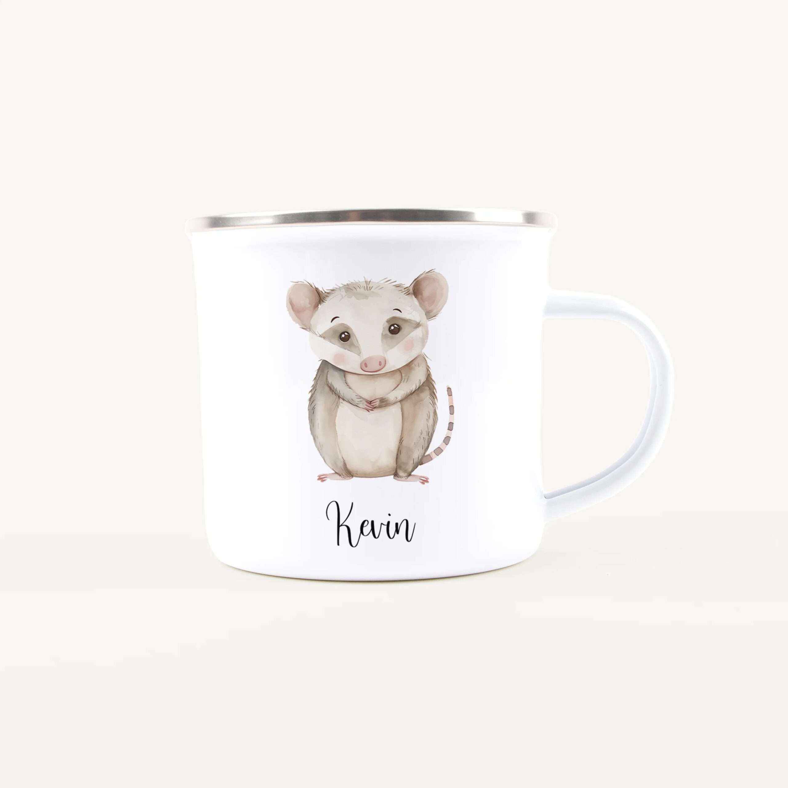 White mug featuring a watercolor mouse illustration and the name Kevin along the side.