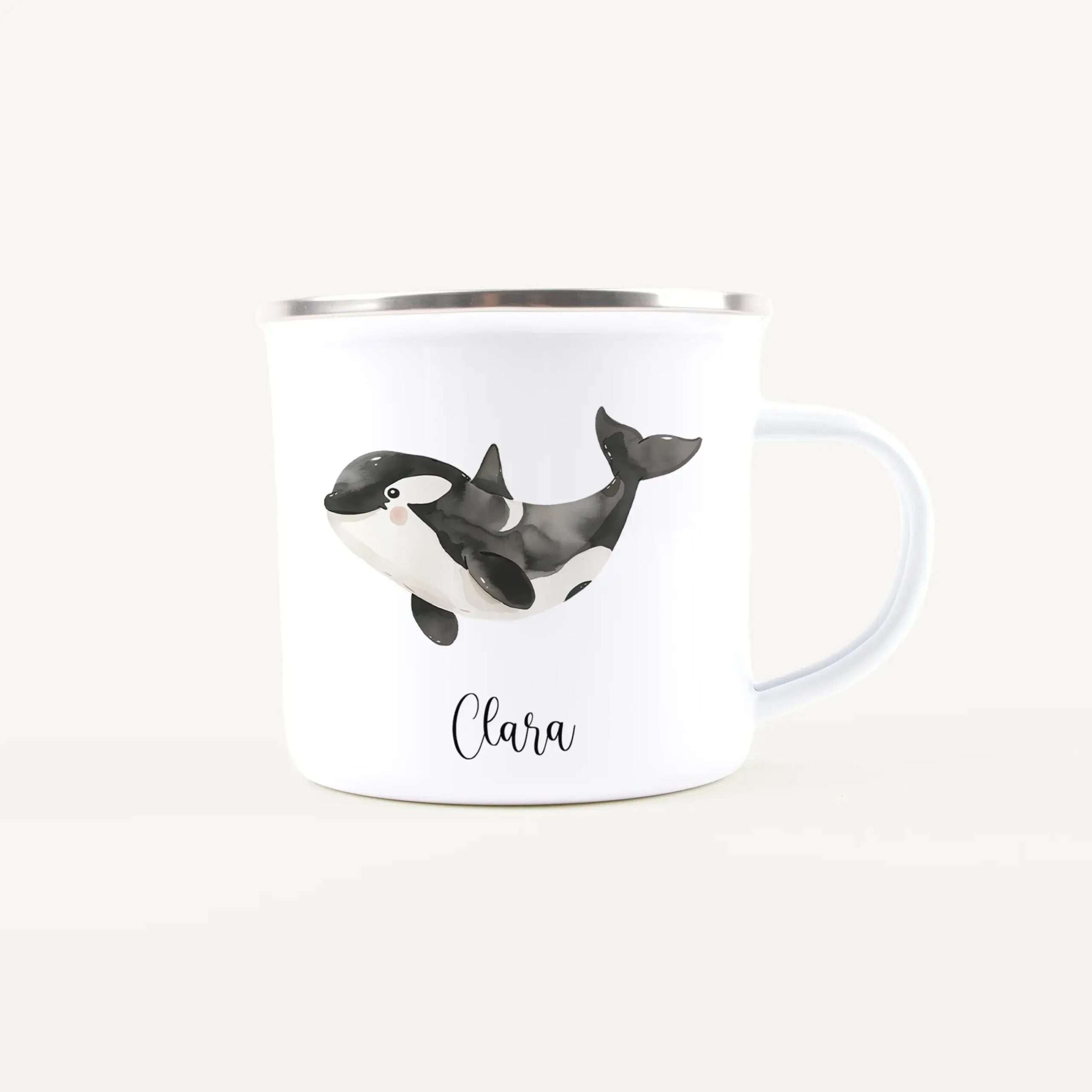 White ceramic mug featuring a black-and-white panda illustration and the name 'Clara' in script