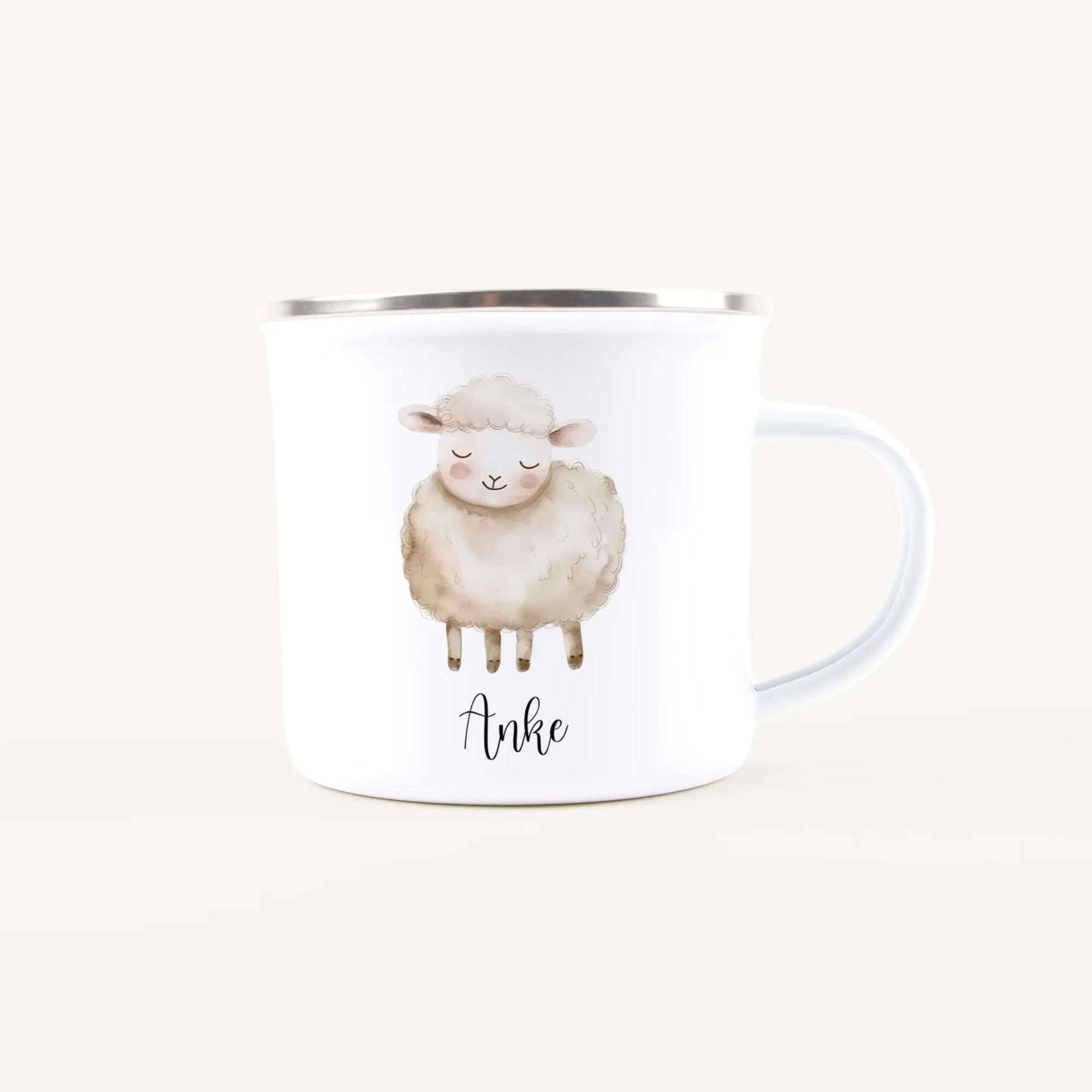 White mug with a shiny silver rim featuring a cute cartoon sheep image and cursive text below.