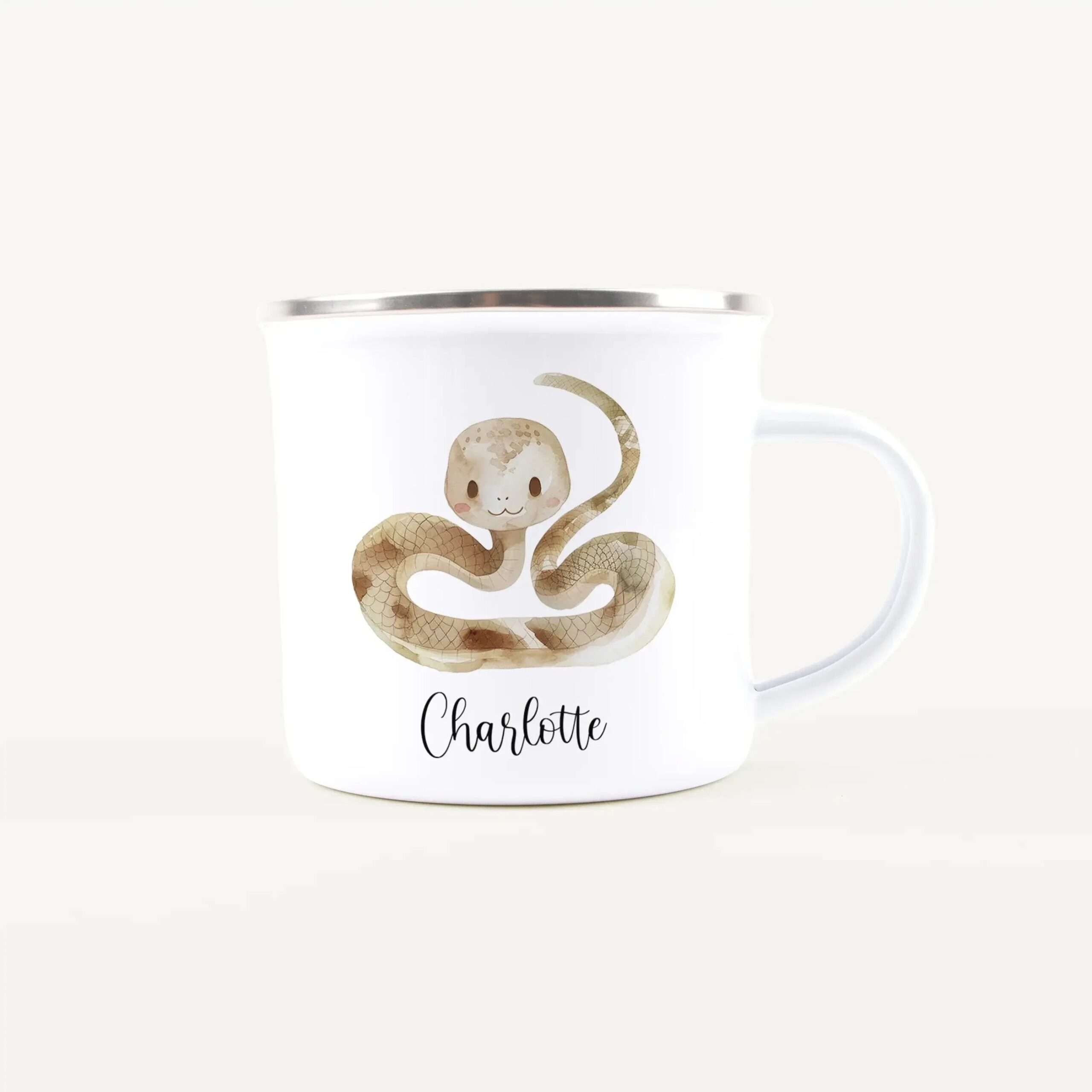 White ceramic mug decorated with a coiled brown snake illustration and the name Charlotte in cursive text at the bottom.