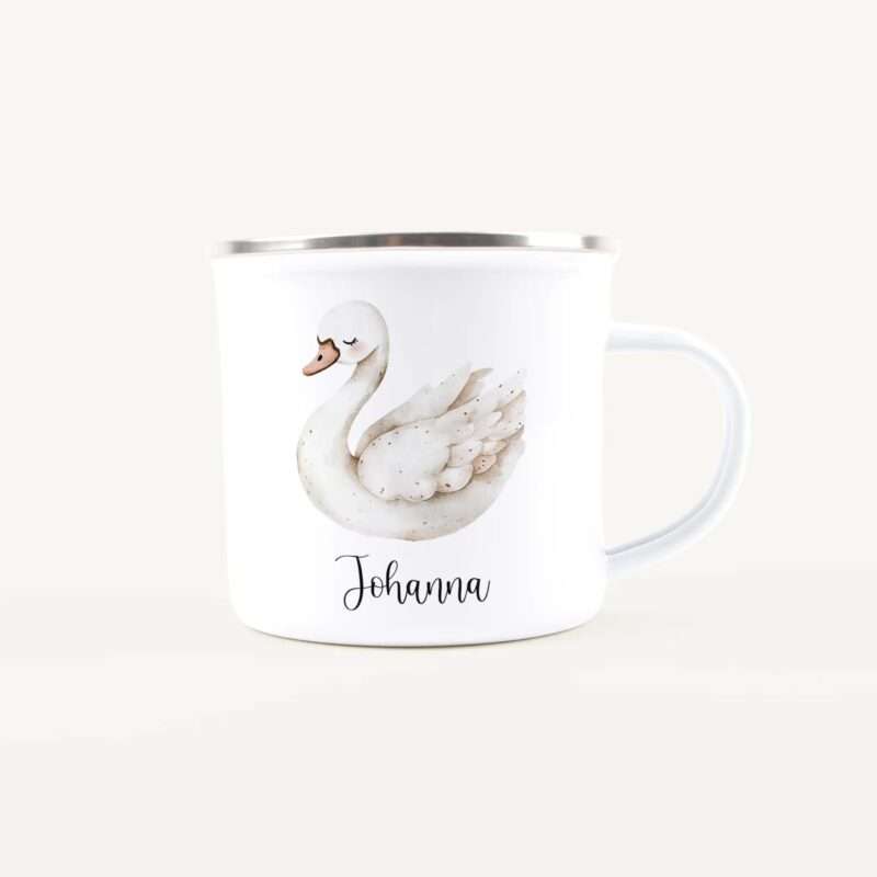 White ceramic mug featuring a swan illustration and the name Johanna printed on the front
