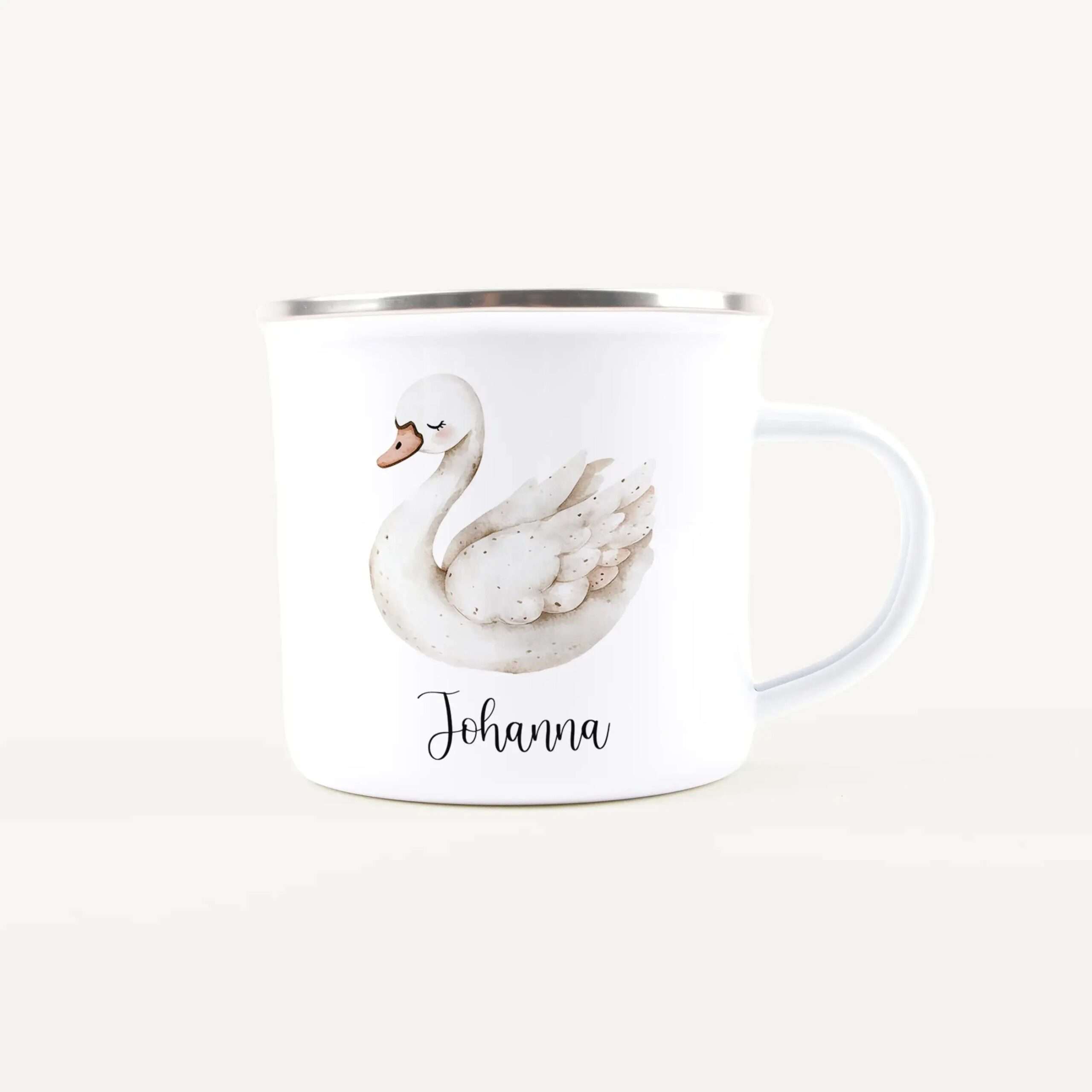 White ceramic mug featuring a swan illustration and the name Johanna printed on the front