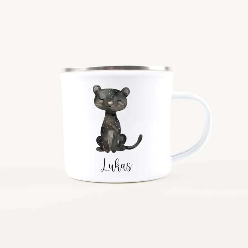 White ceramic mug showing a black cartoon cat with closed eyes and the name 'Lukas' printed below.