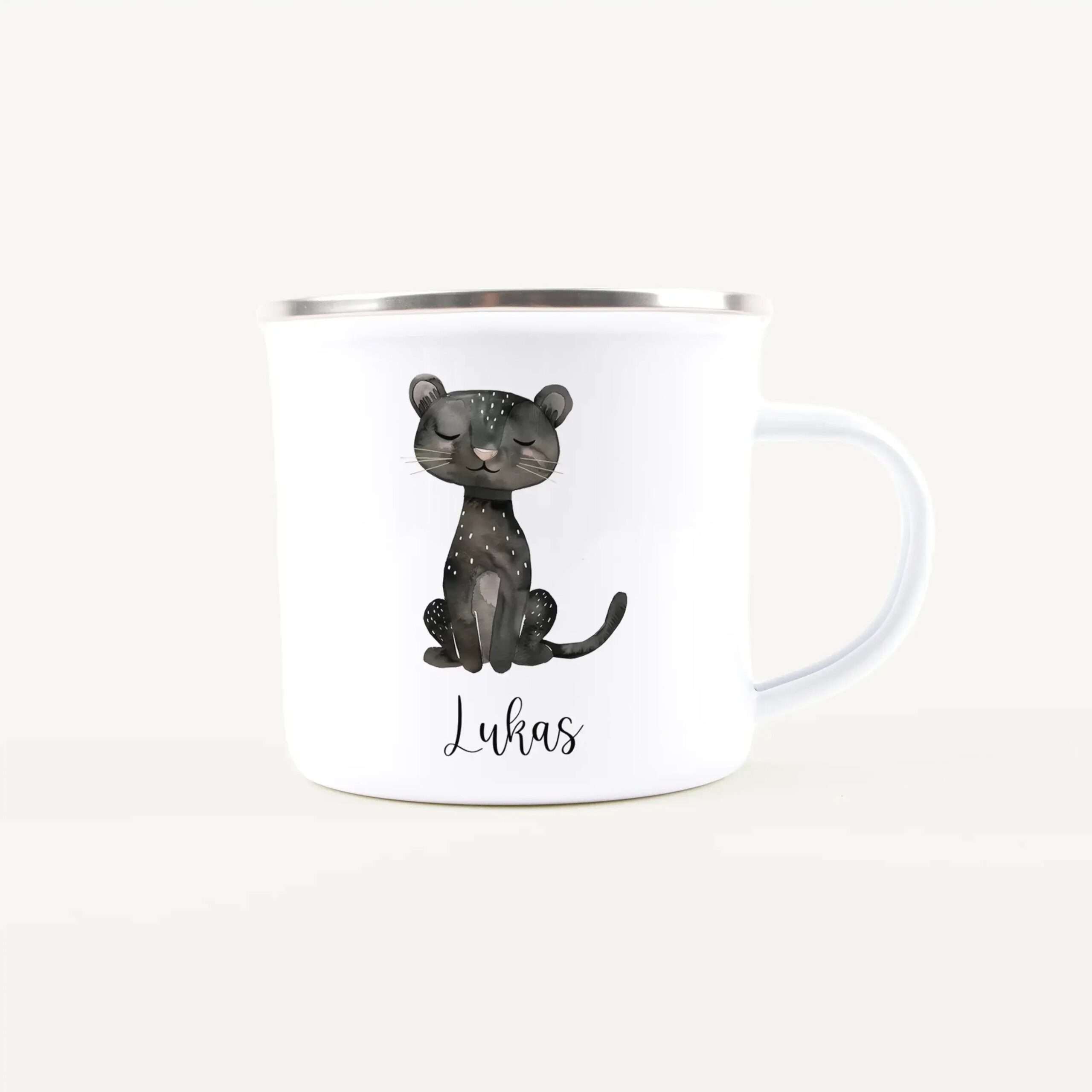 White ceramic mug showing a black cartoon cat with closed eyes and the name 'Lukas' printed below.
