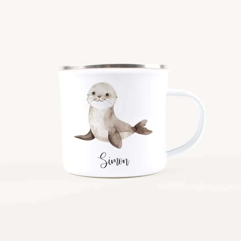 White mug with a seal illustration and the name Simon in cursive.