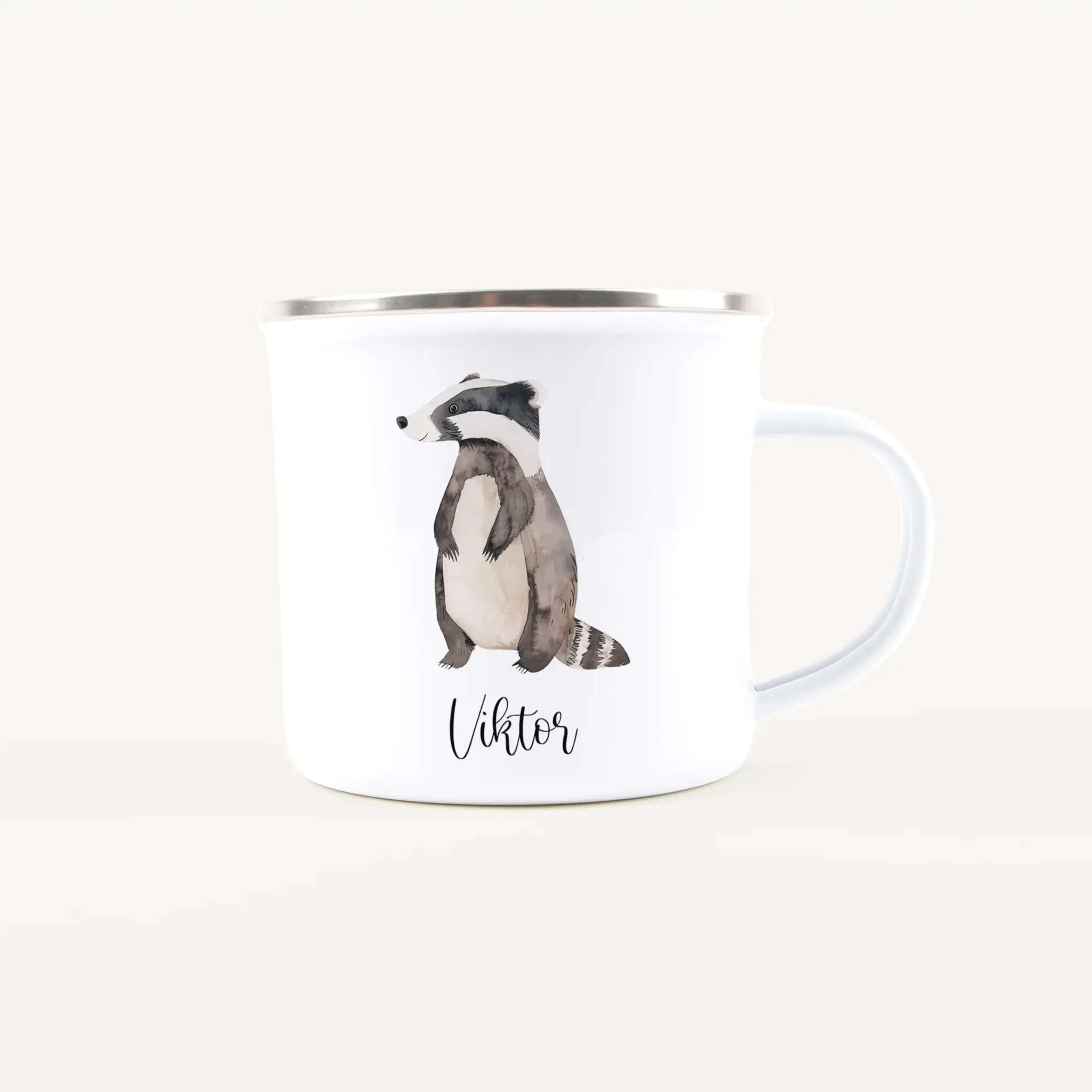White ceramic mug featuring a watercolor-style standing bear and the name Vikt0r in cursive text at the bottom.
