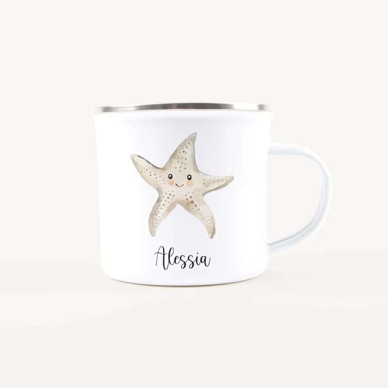 White mug featuring a cute starfish illustration and the name Alessia printed on it.