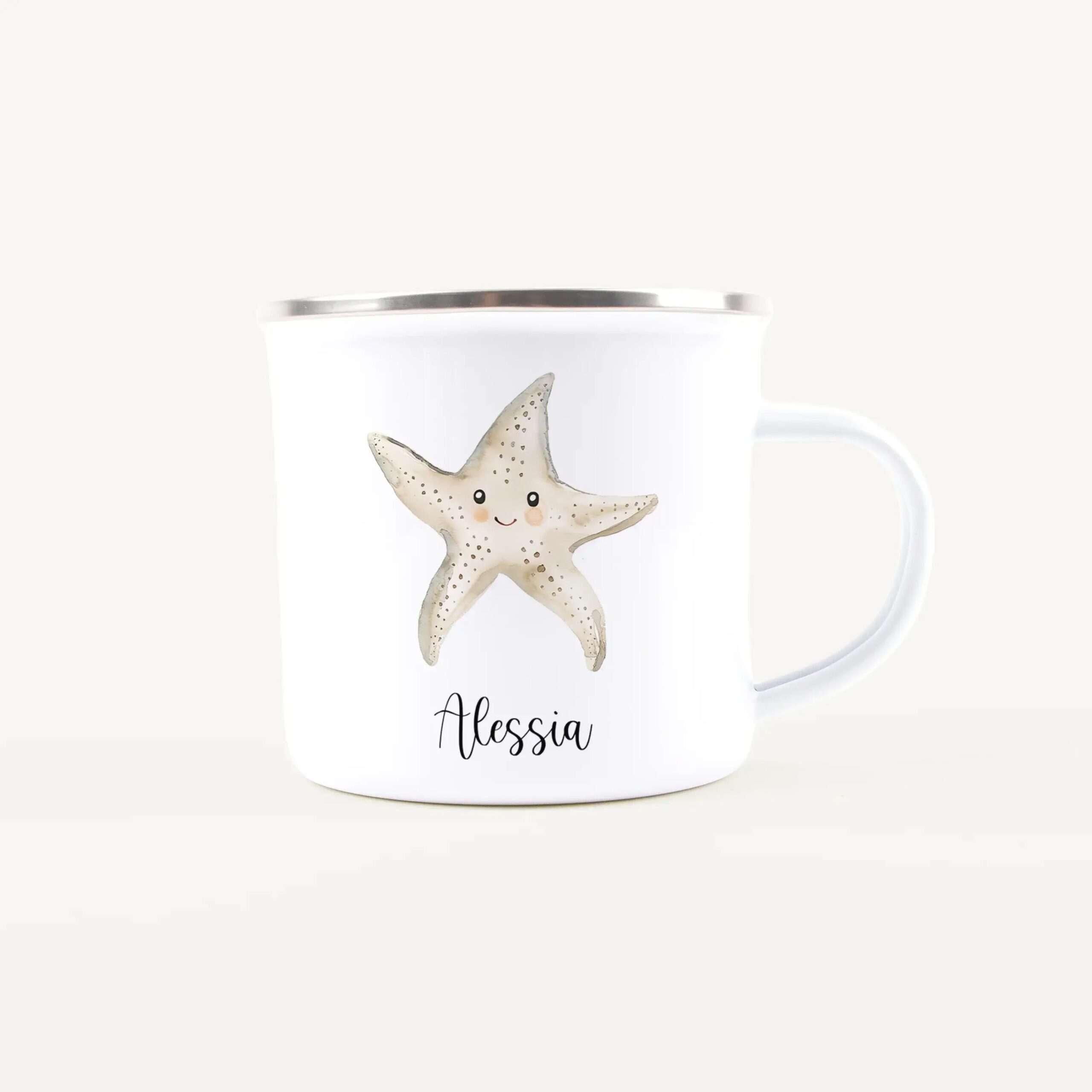 White mug featuring a cute starfish illustration and the name Alessia printed on it.