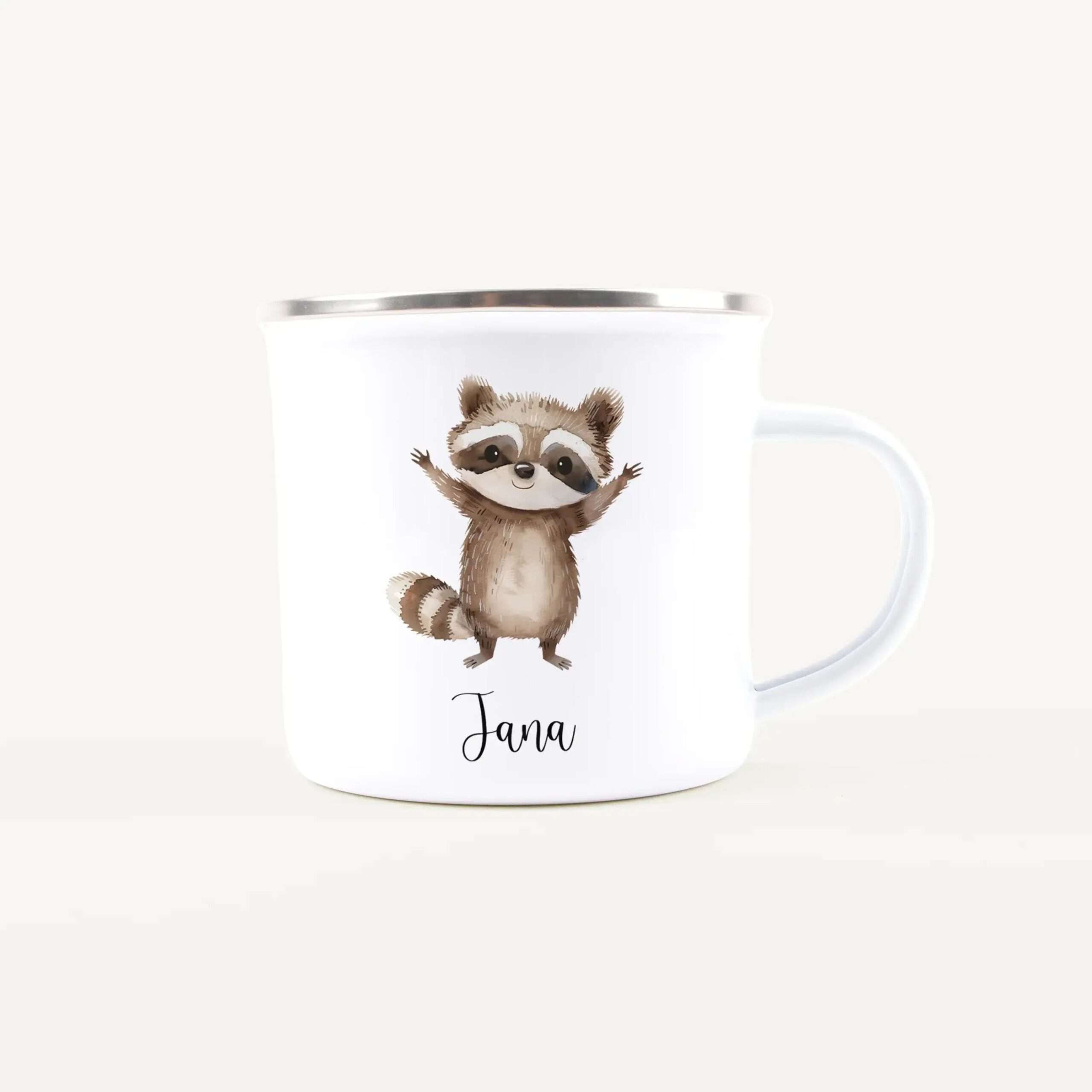 White mug featuring a playful raccoon illustration and the name Jane printed on it to the right of the design.
