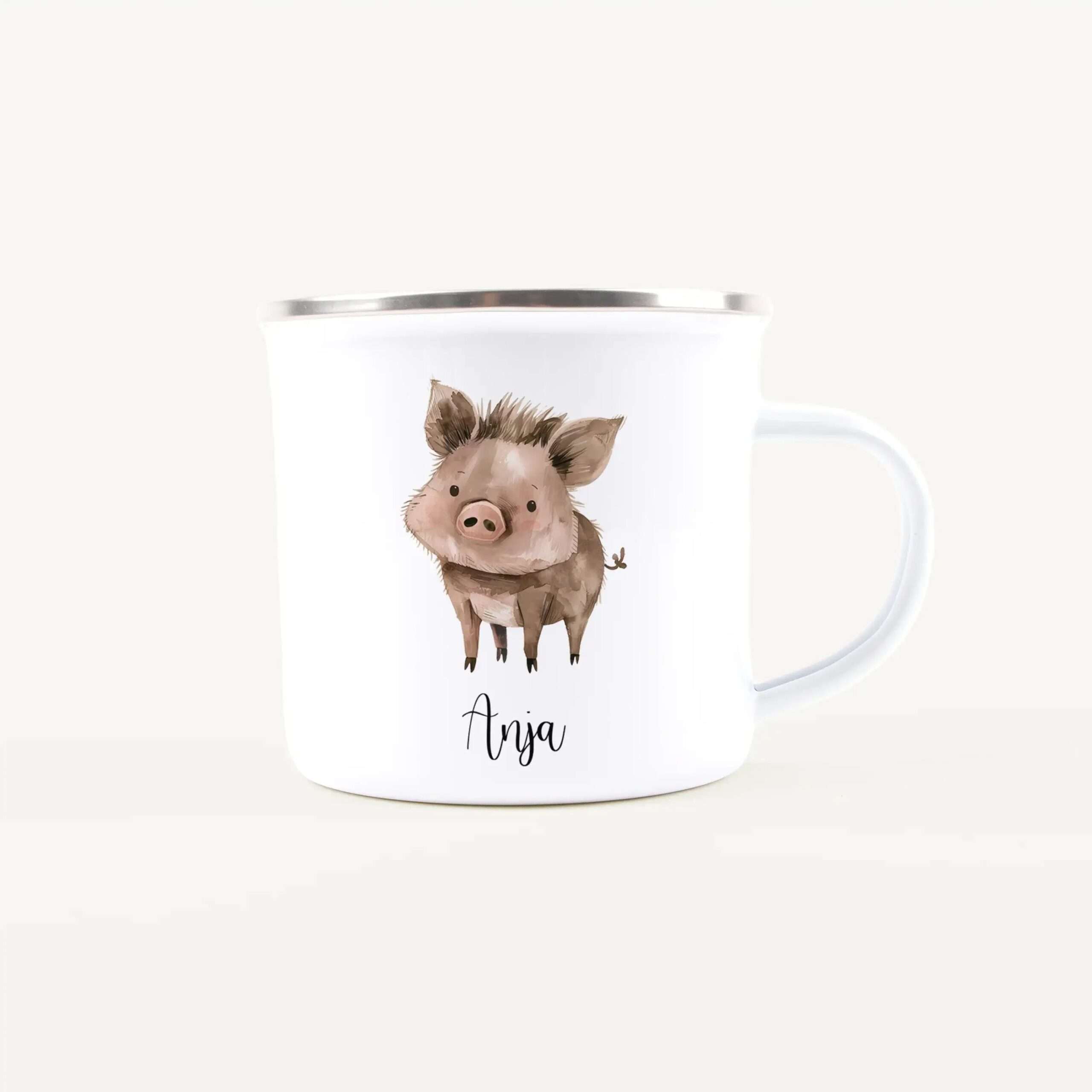 White mug with a watercolor pig illustration and the name 'Anya' printed on it.