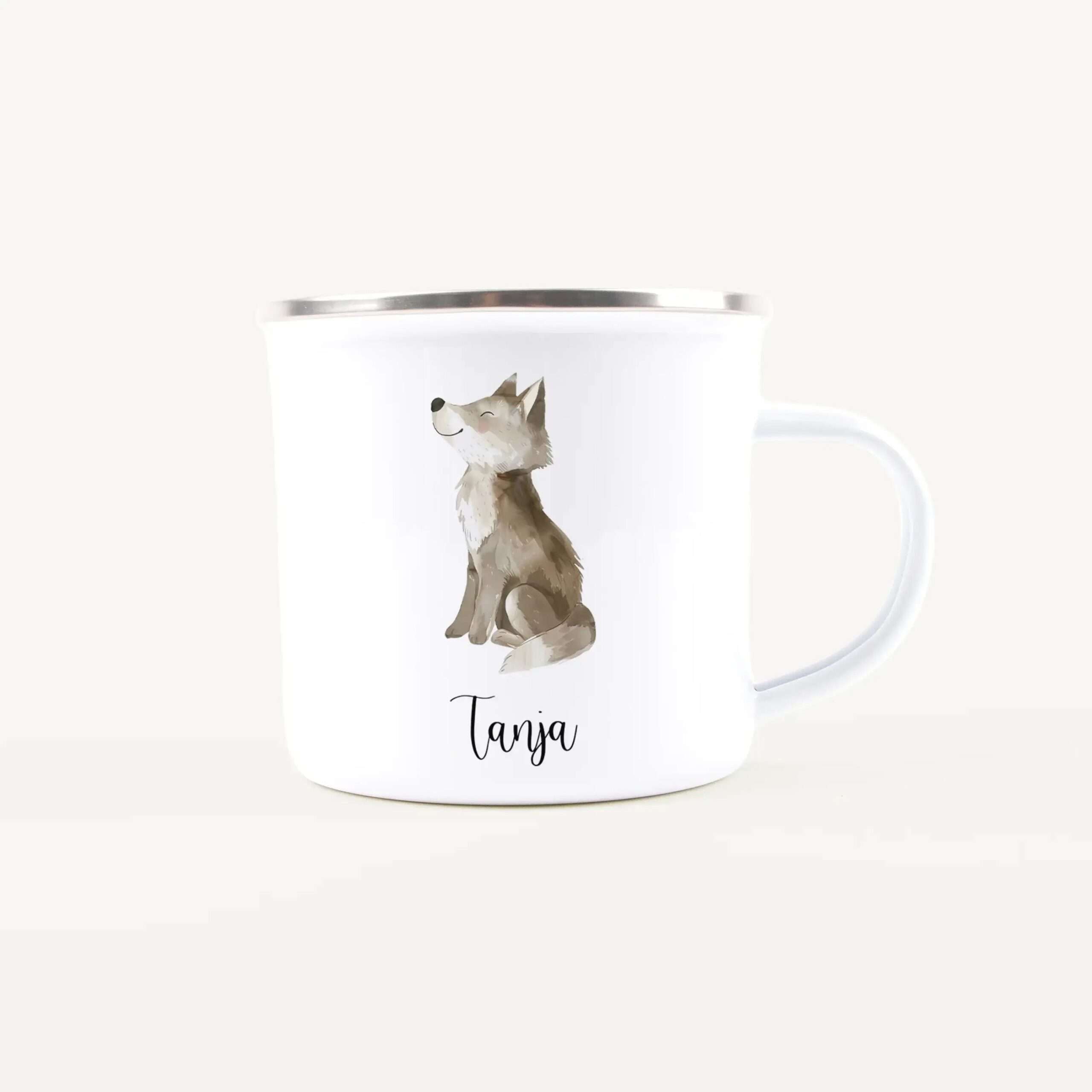 White mug with a silver rim featuring a playful illustrated dog and the name 'Tanja' in script.