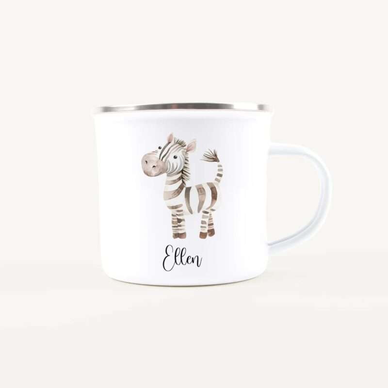 White ceramic mug featuring a whimsical zebra illustration on its side, with the name Ellen printed toward the bottom.