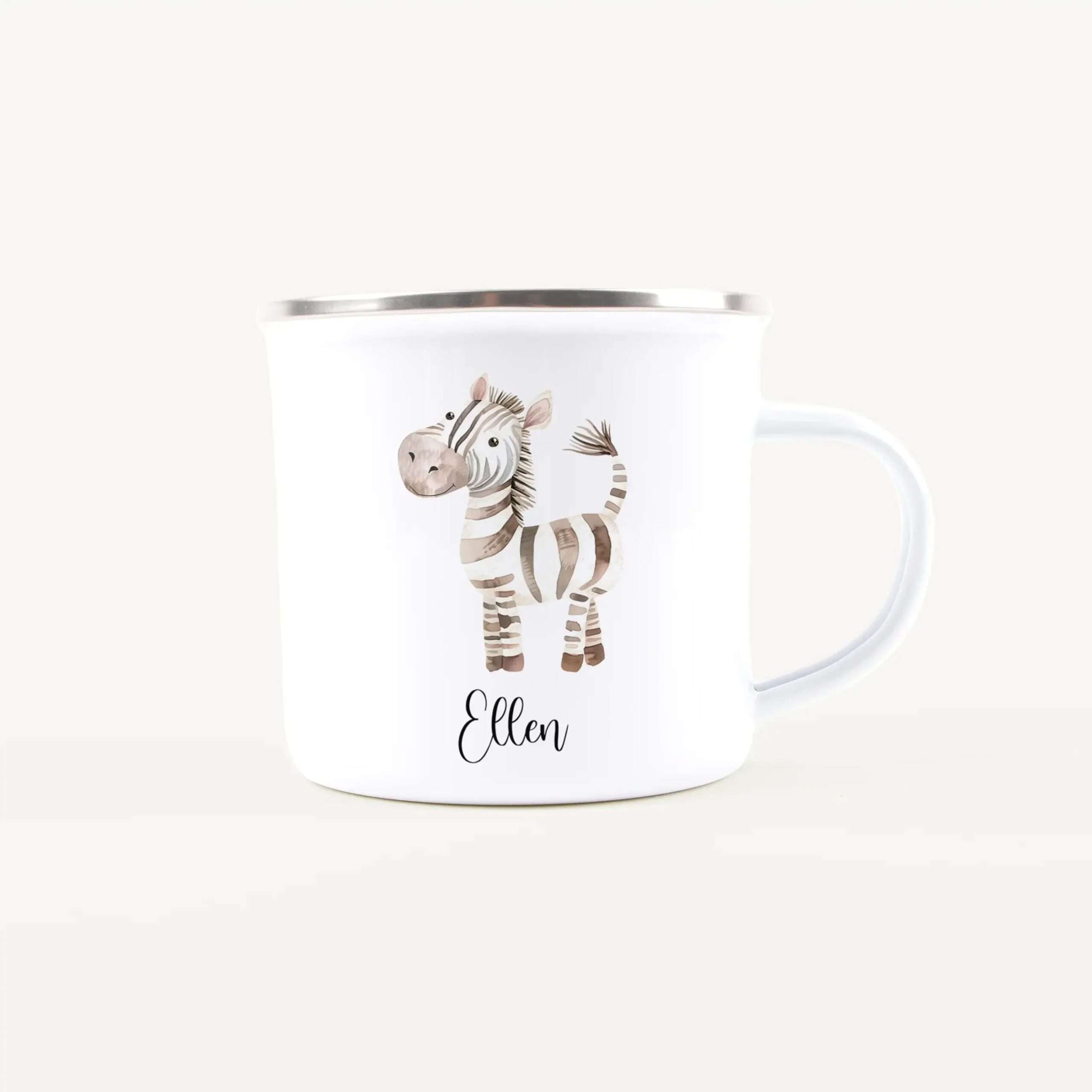 White ceramic mug featuring a whimsical zebra illustration on its side, with the name Ellen printed toward the bottom.