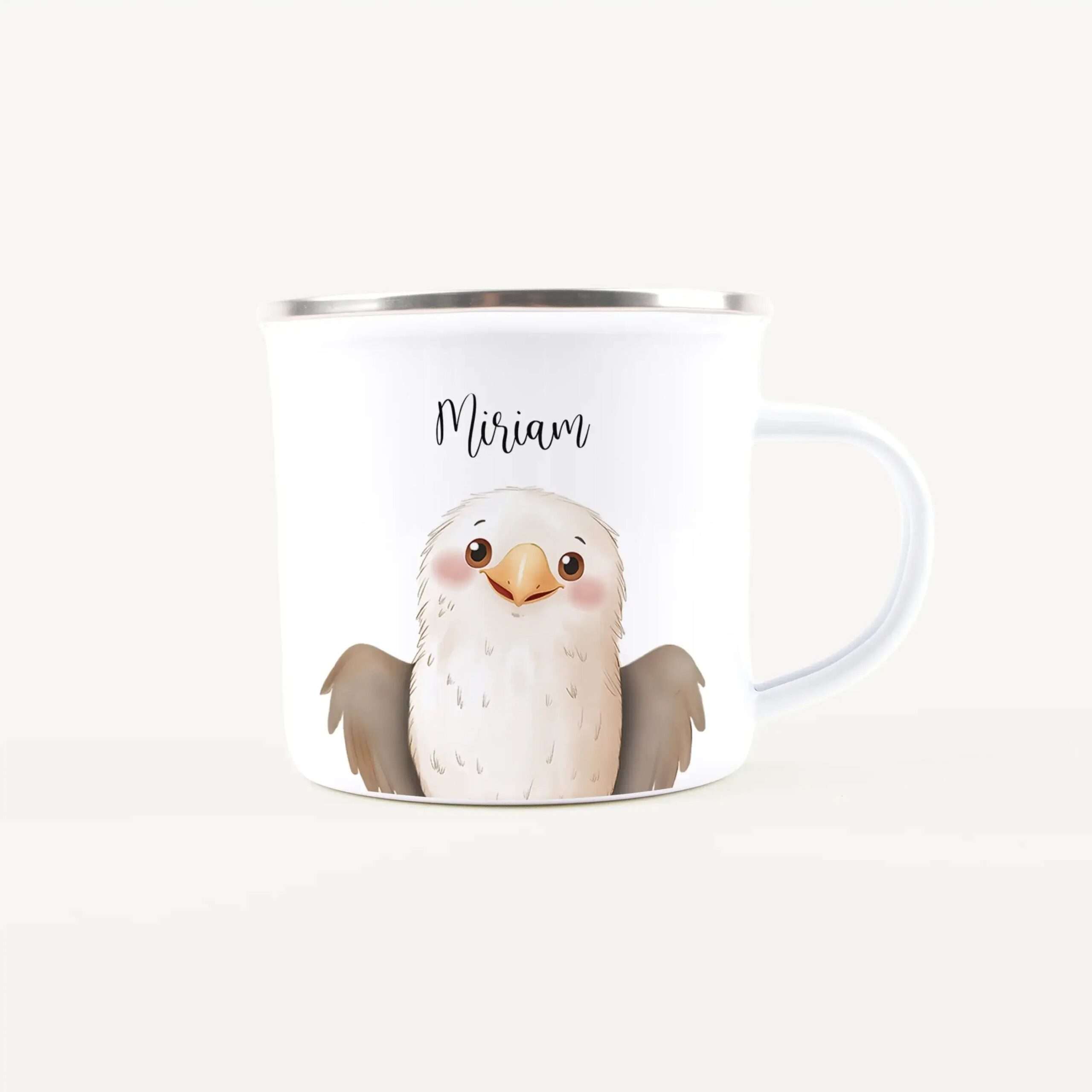 White ceramic mug with a silver rim, featuring a cartoon fluffy white bird and the name 'Miriam' printed on the side