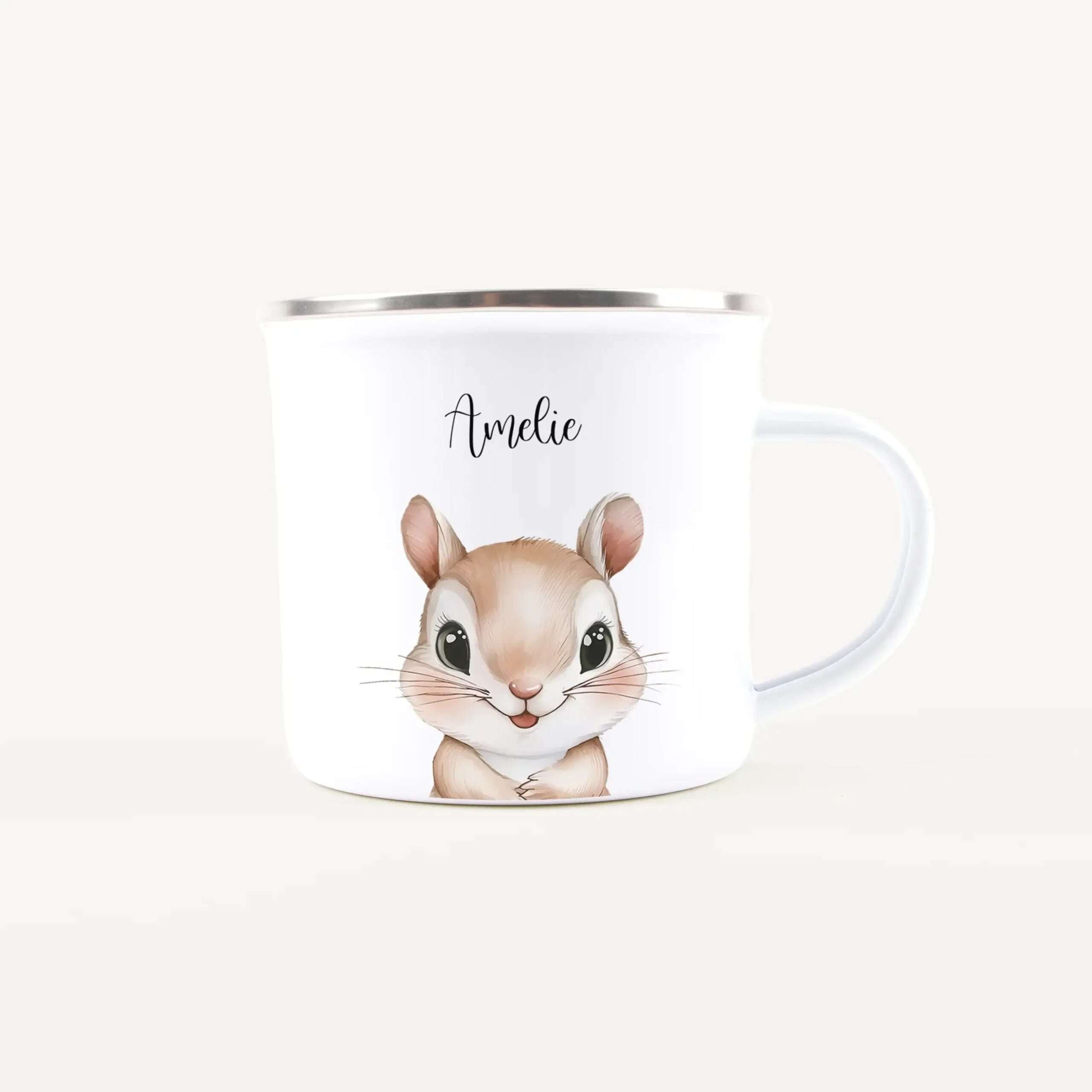White mug with a silver rim, displaying a cute chipmunk illustration and the name Amelie.